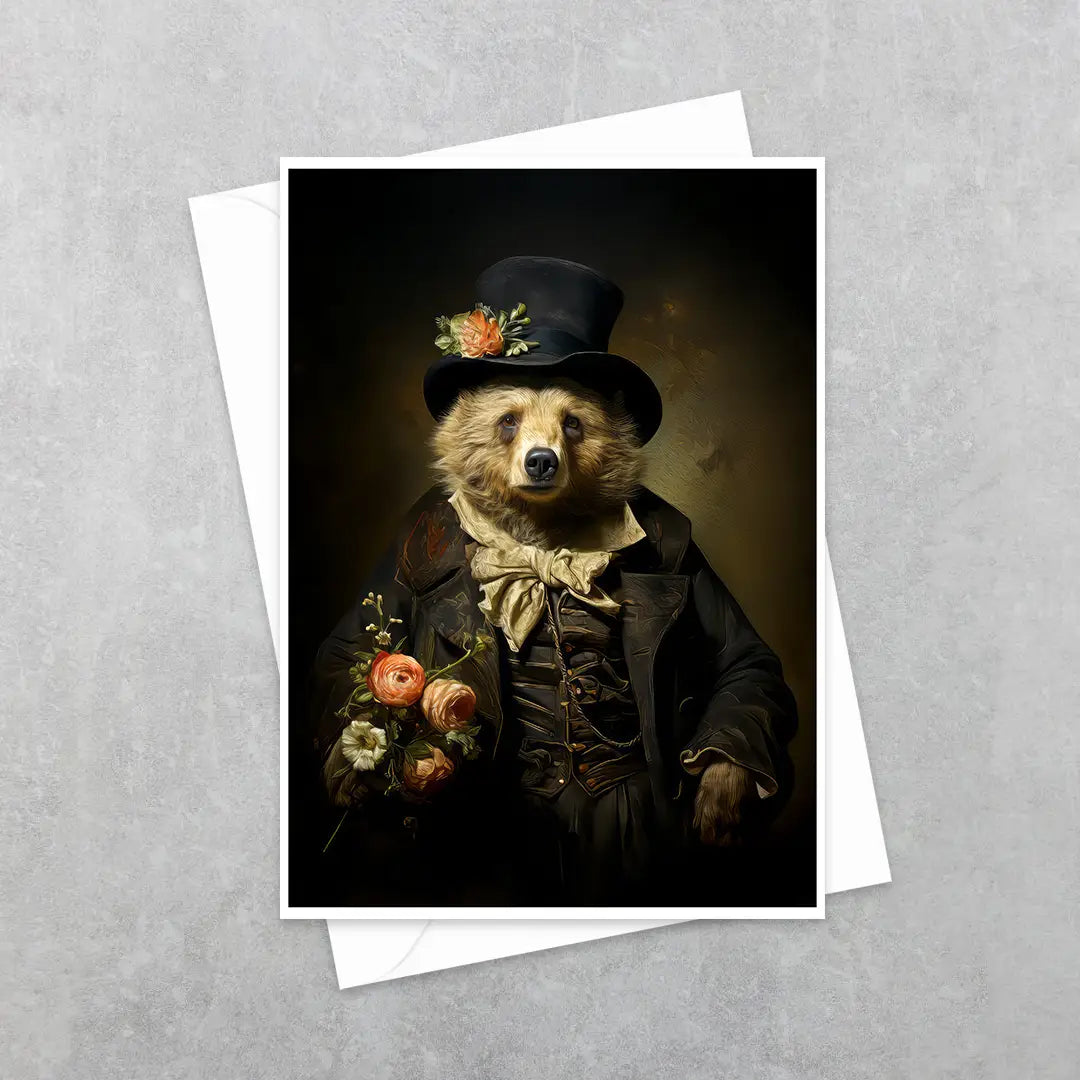 Charming Gentleman Bear with Pink Flowers Greeting Card