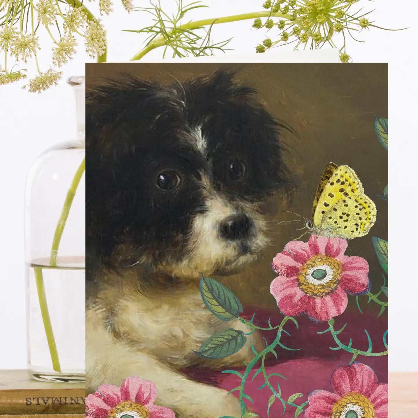 Whimsical Puppy with Flowers and Butterfly Greeting Card