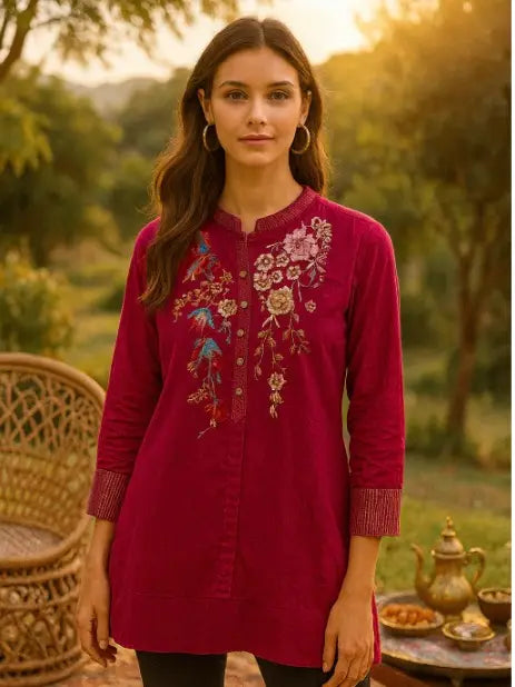 Embroidered Button-Up Tunic Blouse