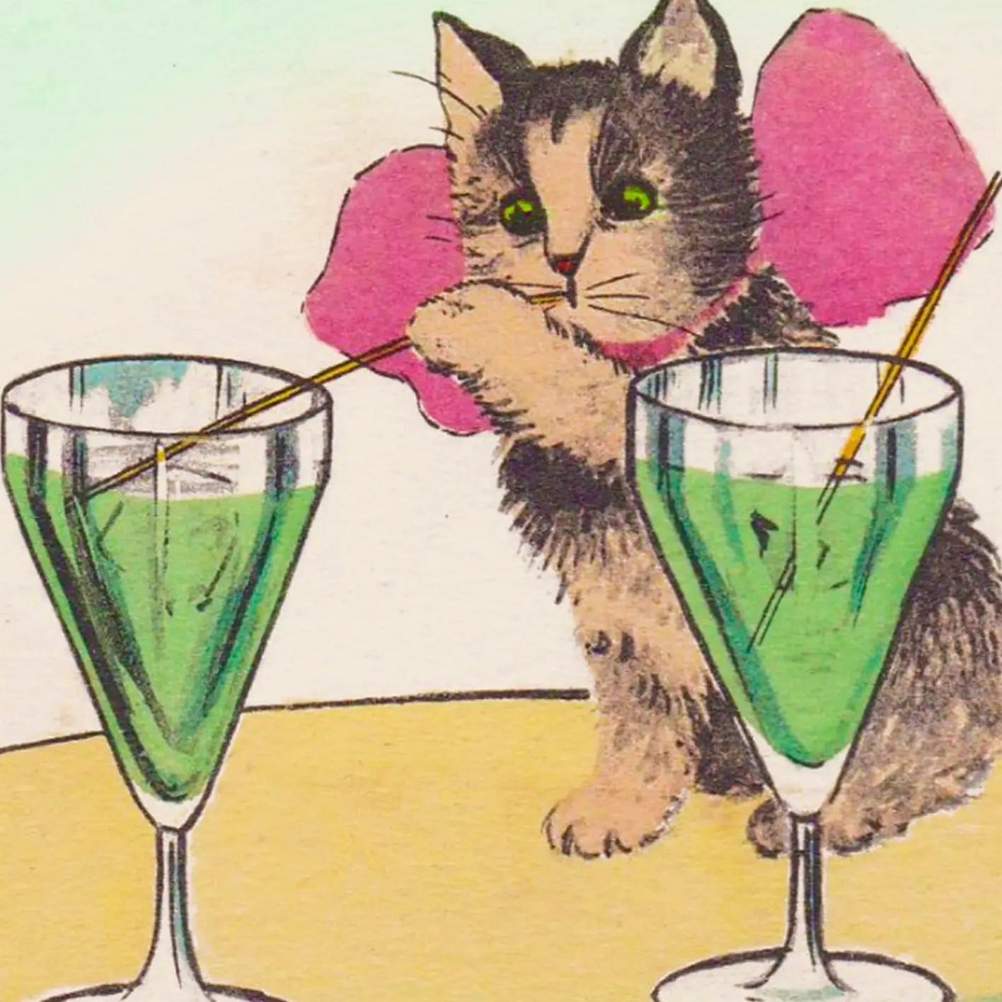 Whimsical Cat Drinking Adult Beverage Greeting Card