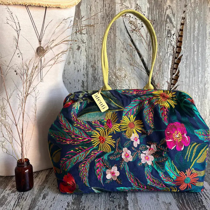 Flora Pioneer, Atenti USA Handmade, Embroidered Mary Poppins Snap Frame Bag Blue