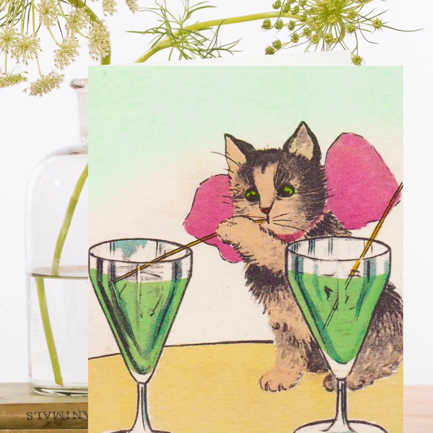 Whimsical Cat Drinking Adult Beverage Greeting Card