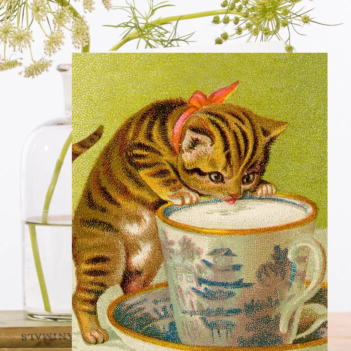 Whimsical Cat Drinking From Teacup Greeting Card