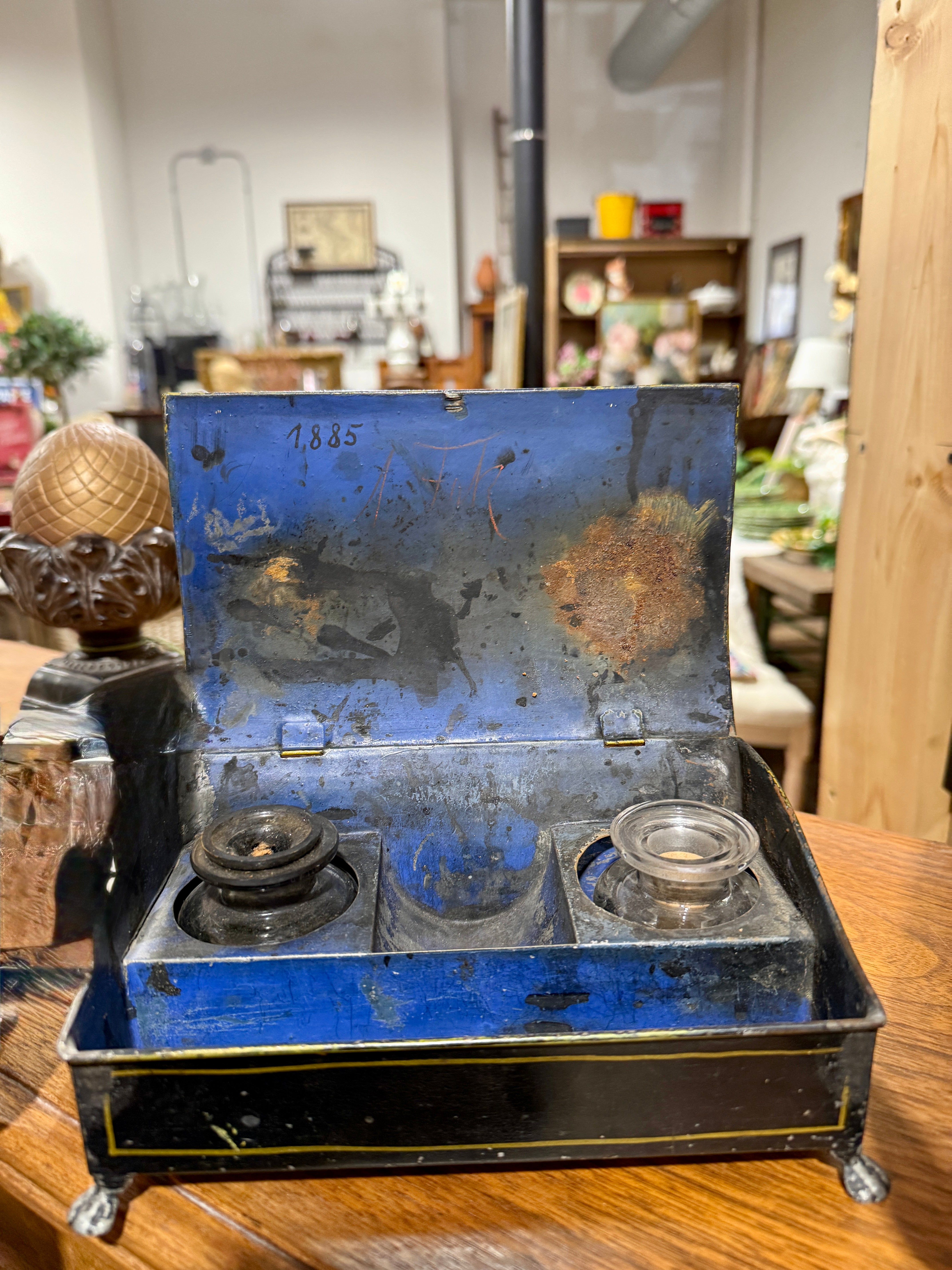 Antique English Tole Junk Box Inside