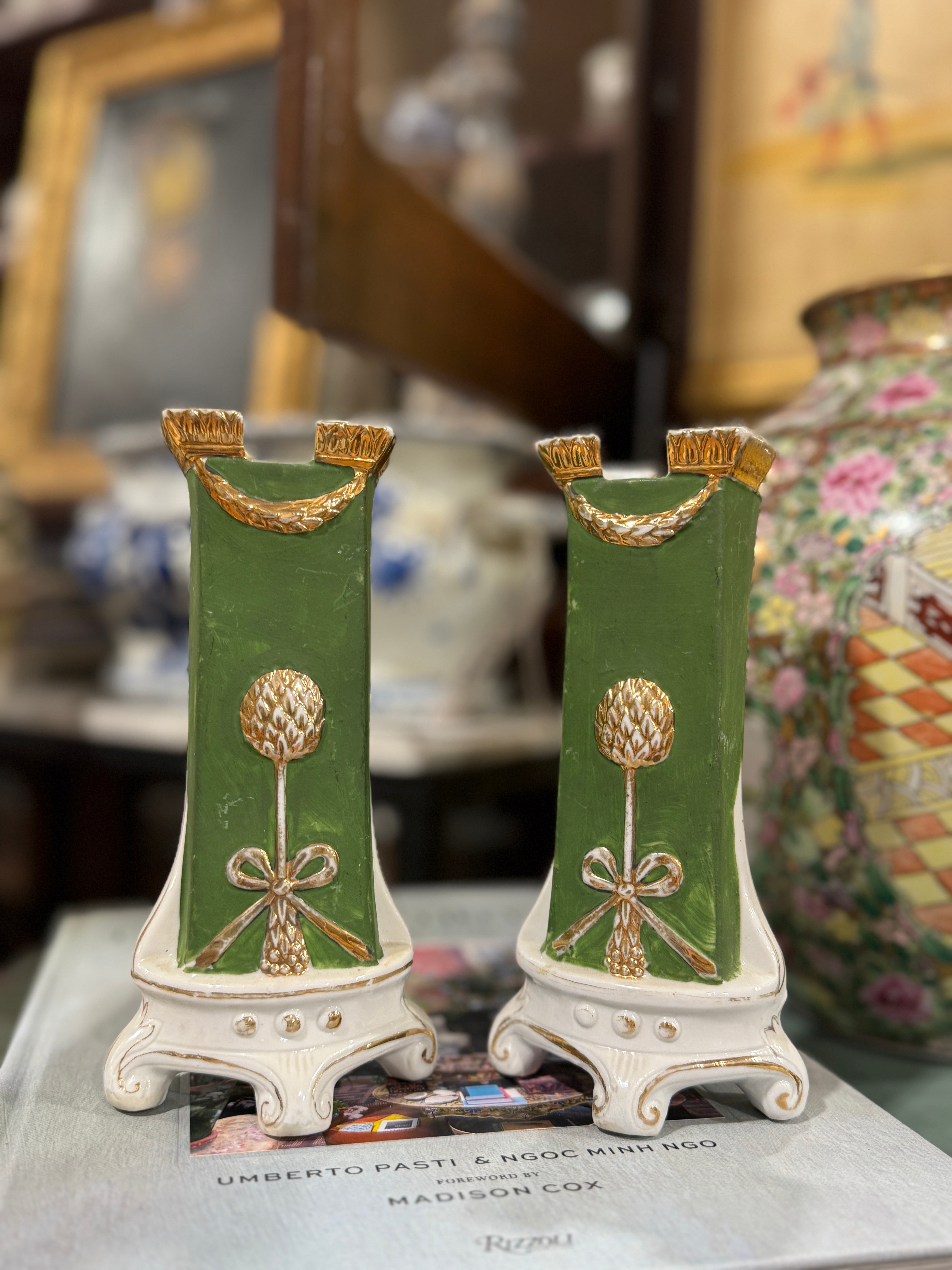 Pair of Antique German Hand Painted Vases Green