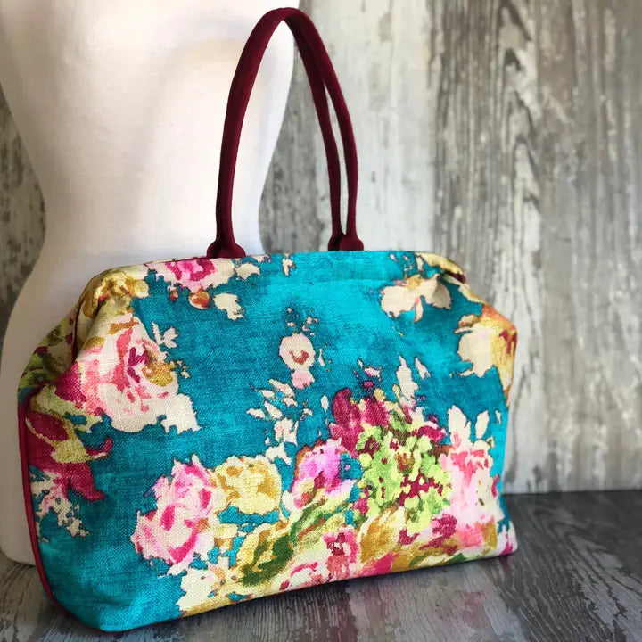 Blossom Blue Pioneer, Atenti USA Handmade, Foral Mary Poppins Snap Frame Bag Teal