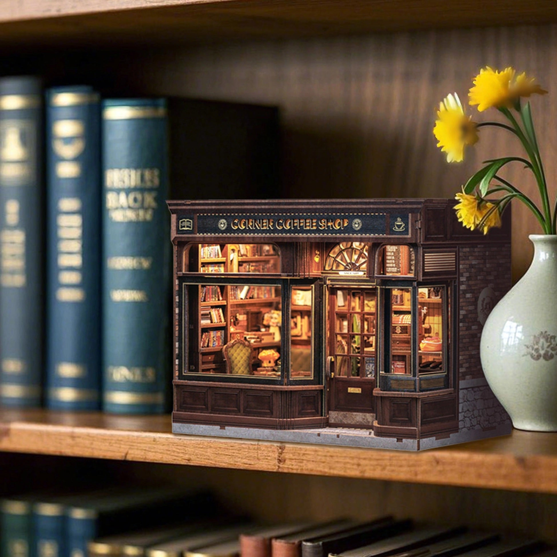 DIY Book Nook Kit: Corner Coffee Shop on Bookshelf