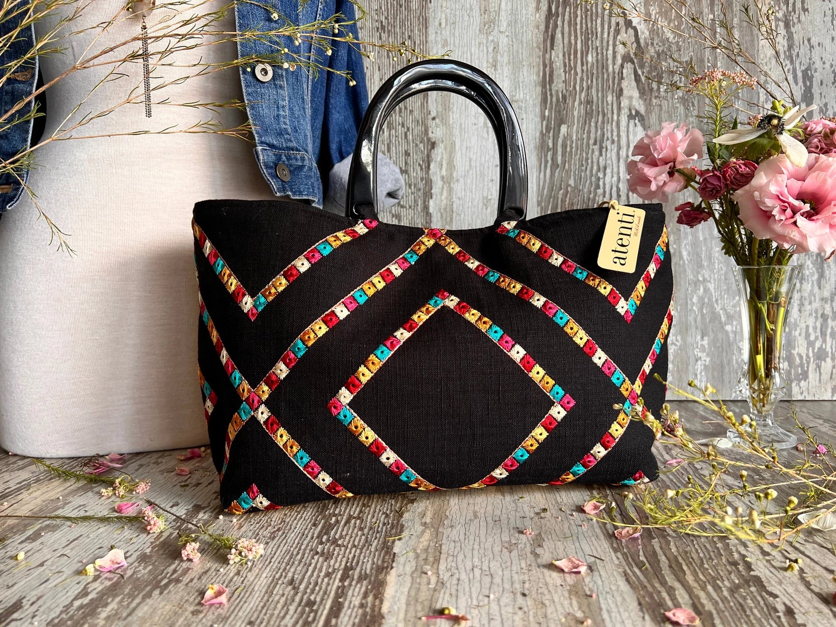 Indi Pop Divina Bag- Atenti Handmade USA Convertible Embroidered Handbag Black