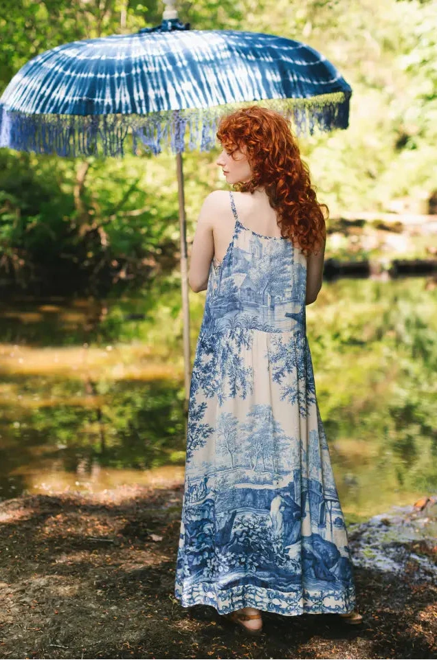 Let the Light in Bohéme Long Maxi Slip Dress W Delft Print Blue