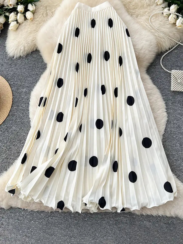 White Polka Dot Pleated Midi Skirt