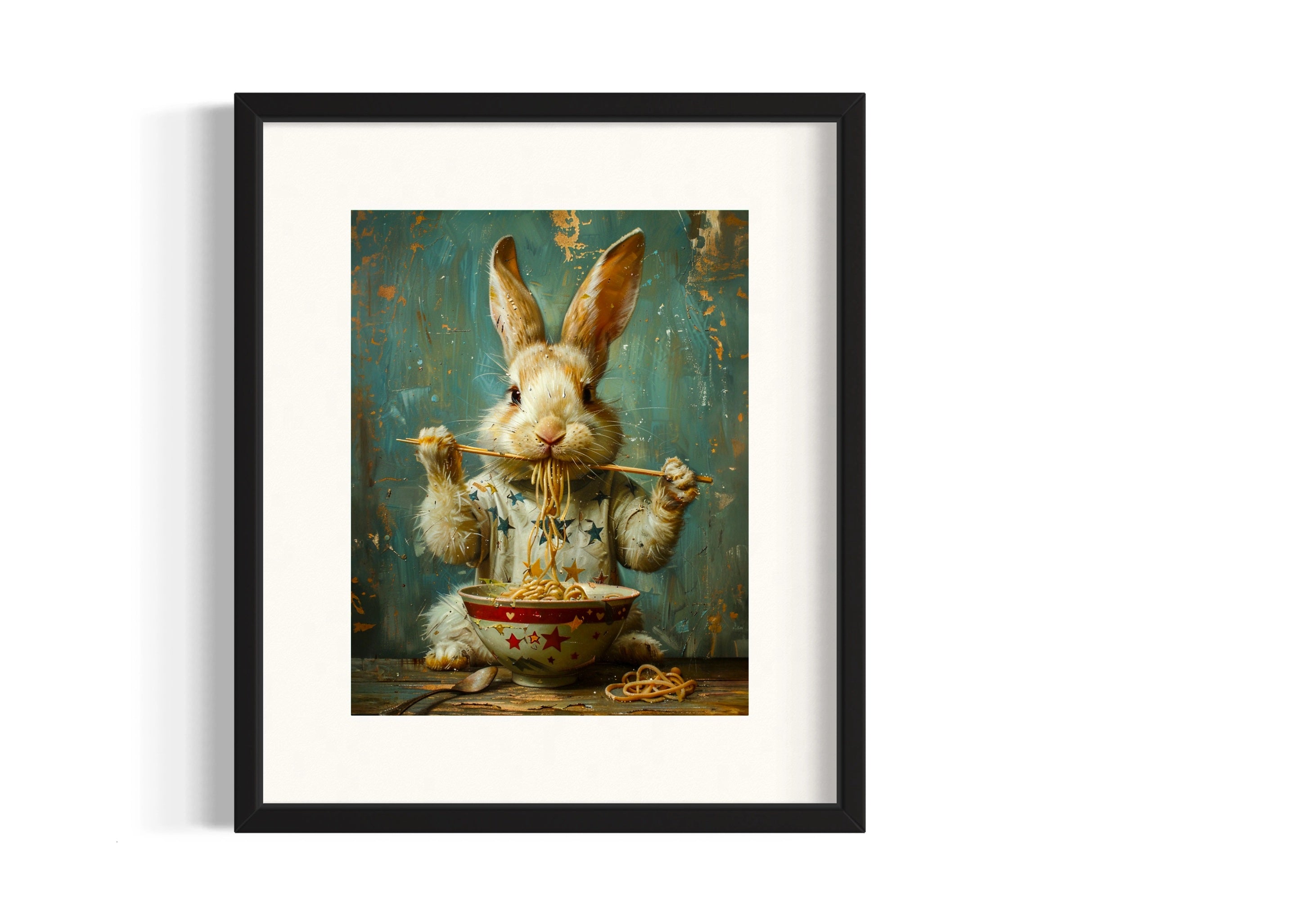 Rabbit Eating Ramen Noodles Wall Decor Frame
