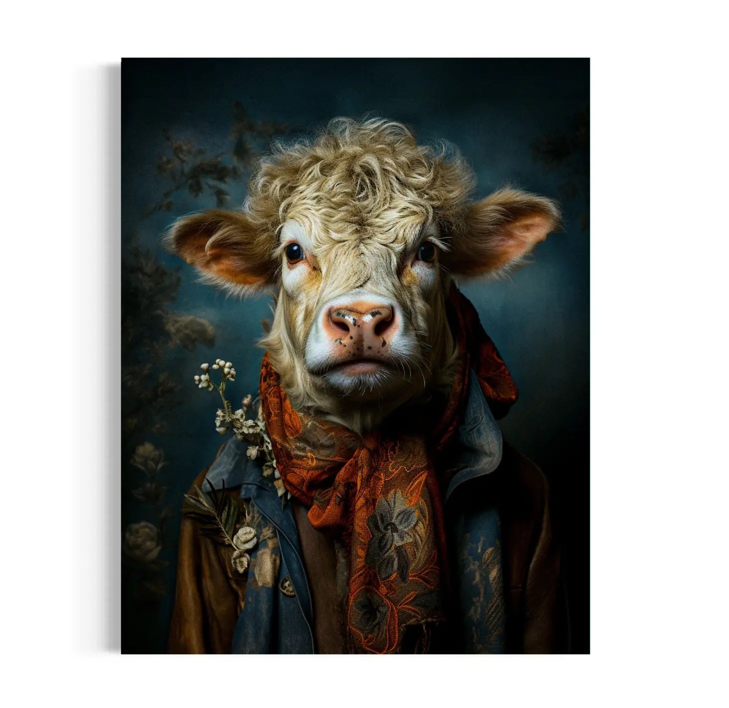 Rustic Cow in Elegant Attire Art Print