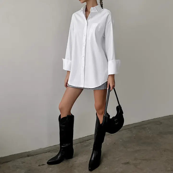 White Lapel Collar Botton Down Fit Daily Shirt Casual