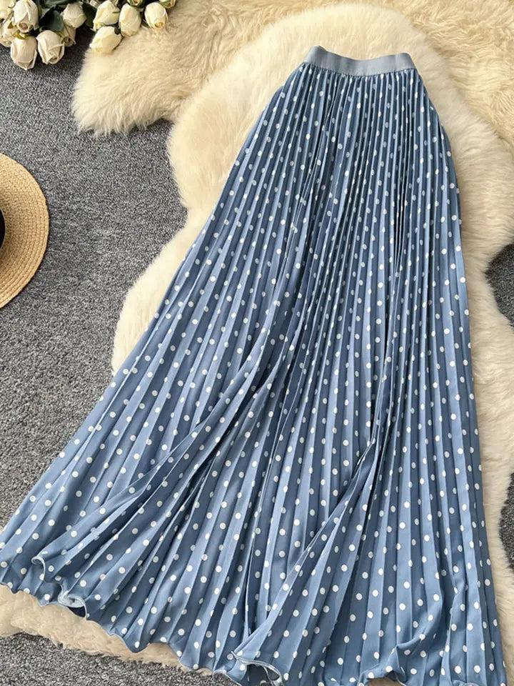 Blue Polka Dot Pleated Midi Skirt