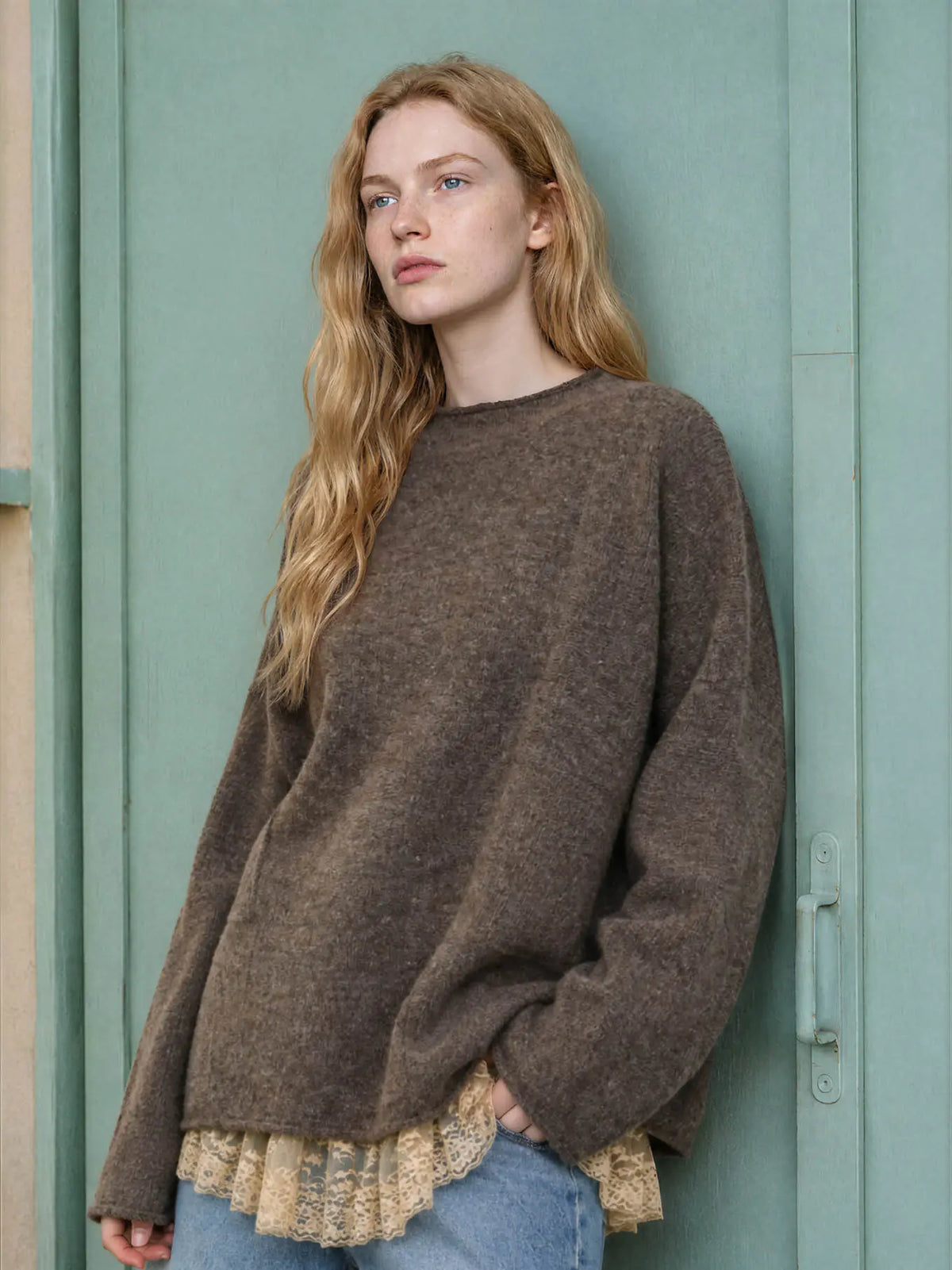 Heathered Checkered Texture Long Sleeve Sweater