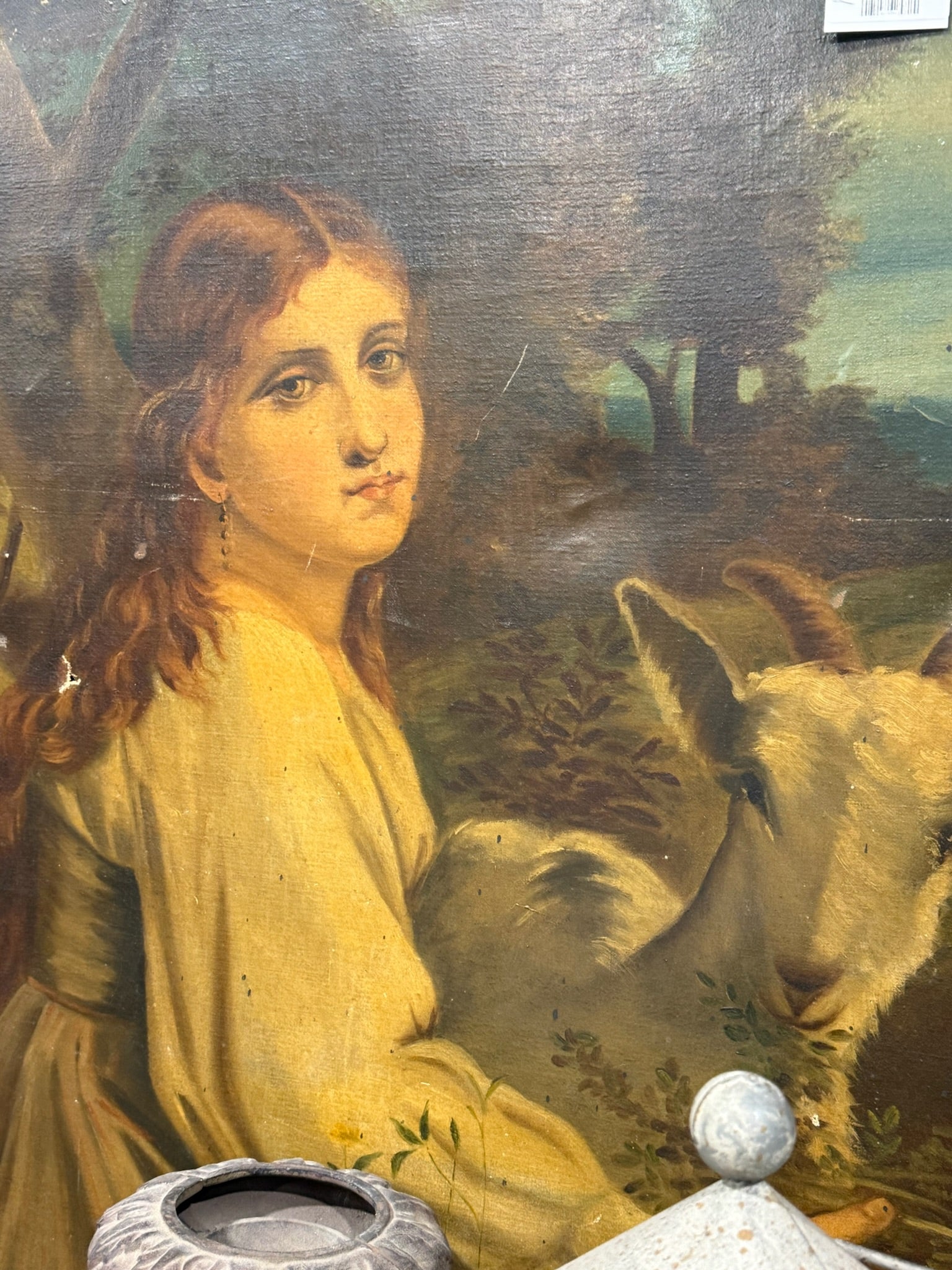 Antique American Oil Painting - Girl feeding pet goat