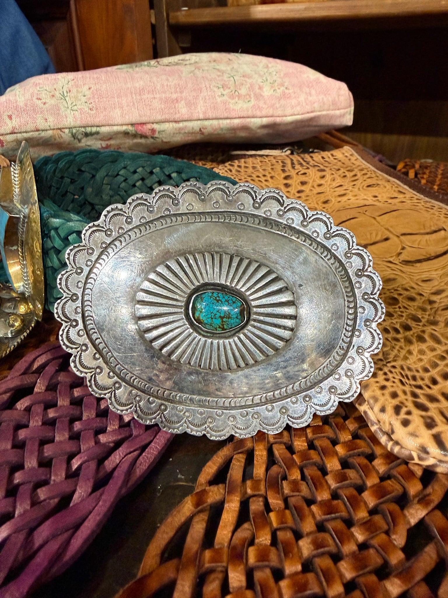 Sterling Silver and Turquoise Navaho Hand-Stamped Belt Buckle