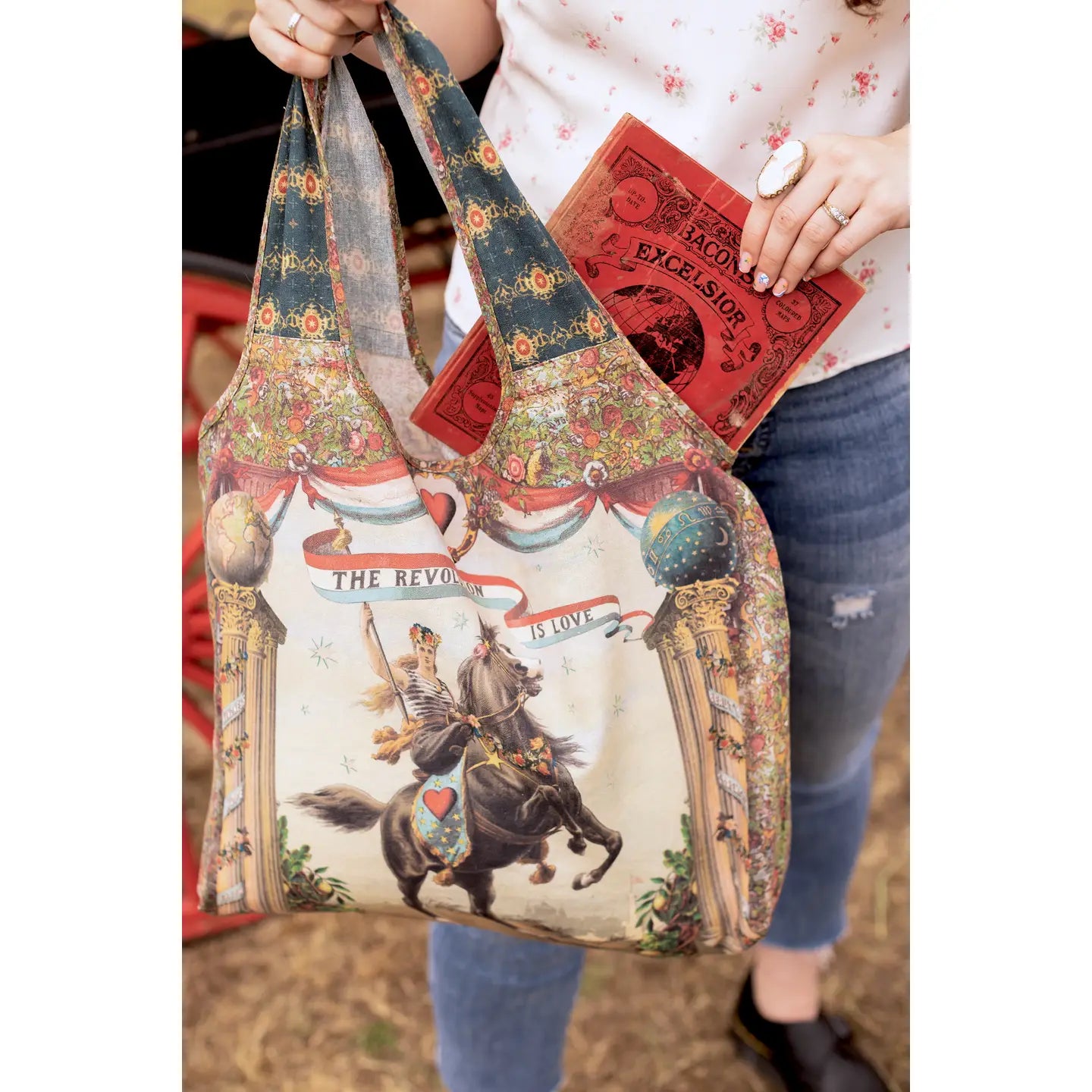Love Revolution Boho Linen Tote Bag w/ Sun, Horse & Florals by Market of Stars