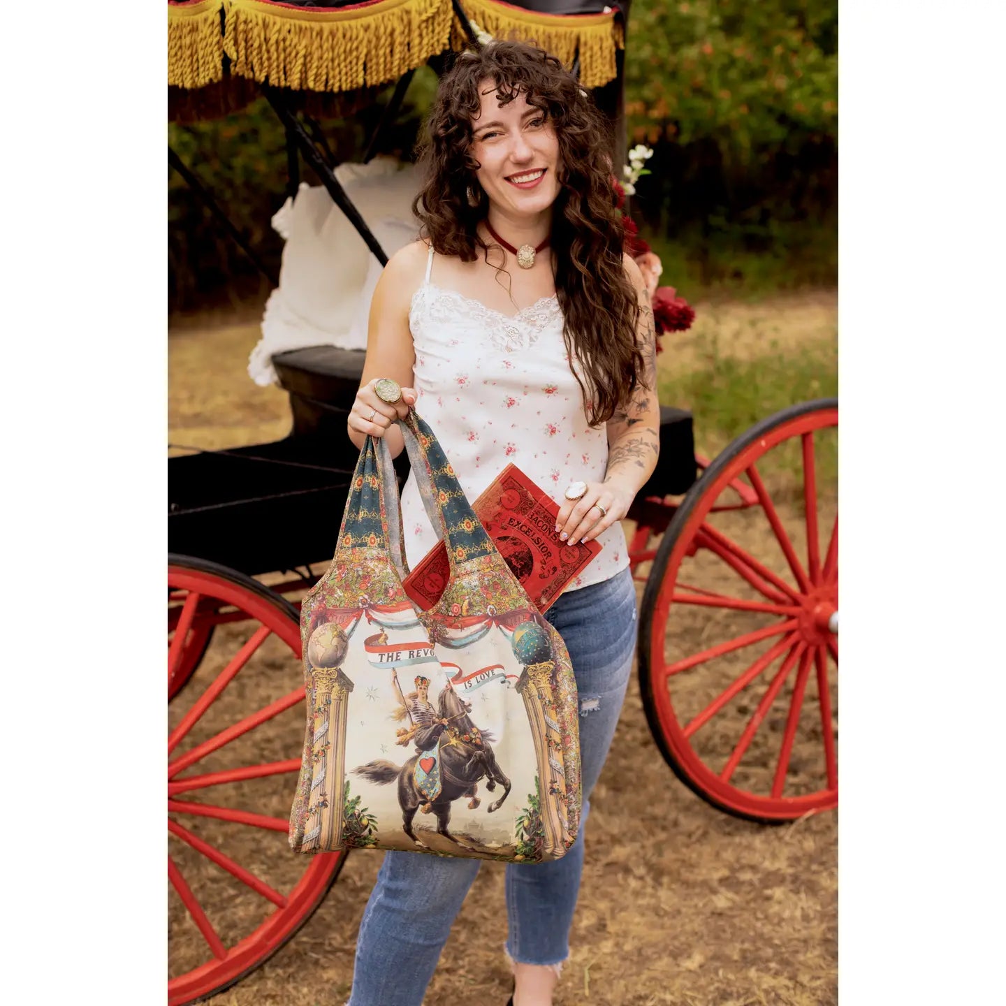 Love Revolution Boho Linen Tote Bag w/ Sun, Horse & Florals by Market of Stars