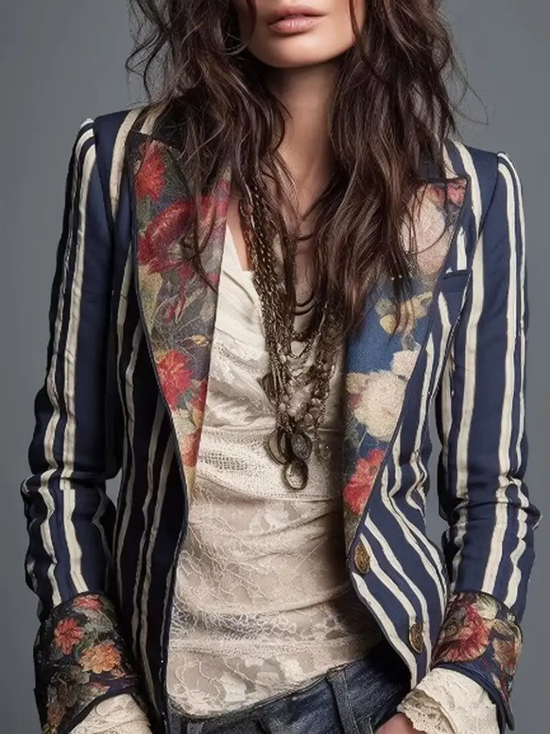 Navy & White Striped Floral Patchwork Blazer