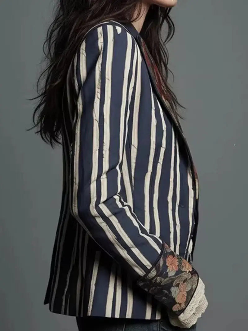 Navy & White Striped Floral Patchwork Blazer 2