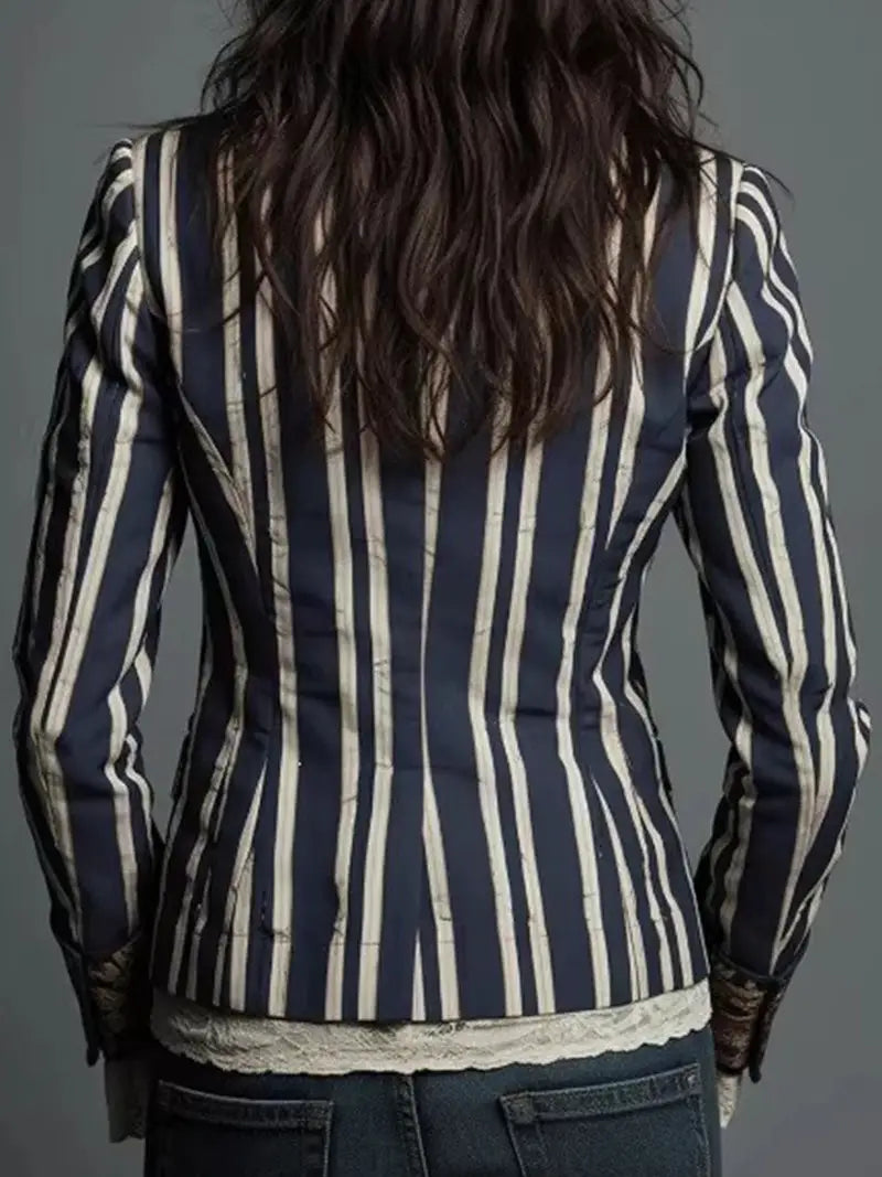 Navy & White Striped Floral Patchwork Blazer 3