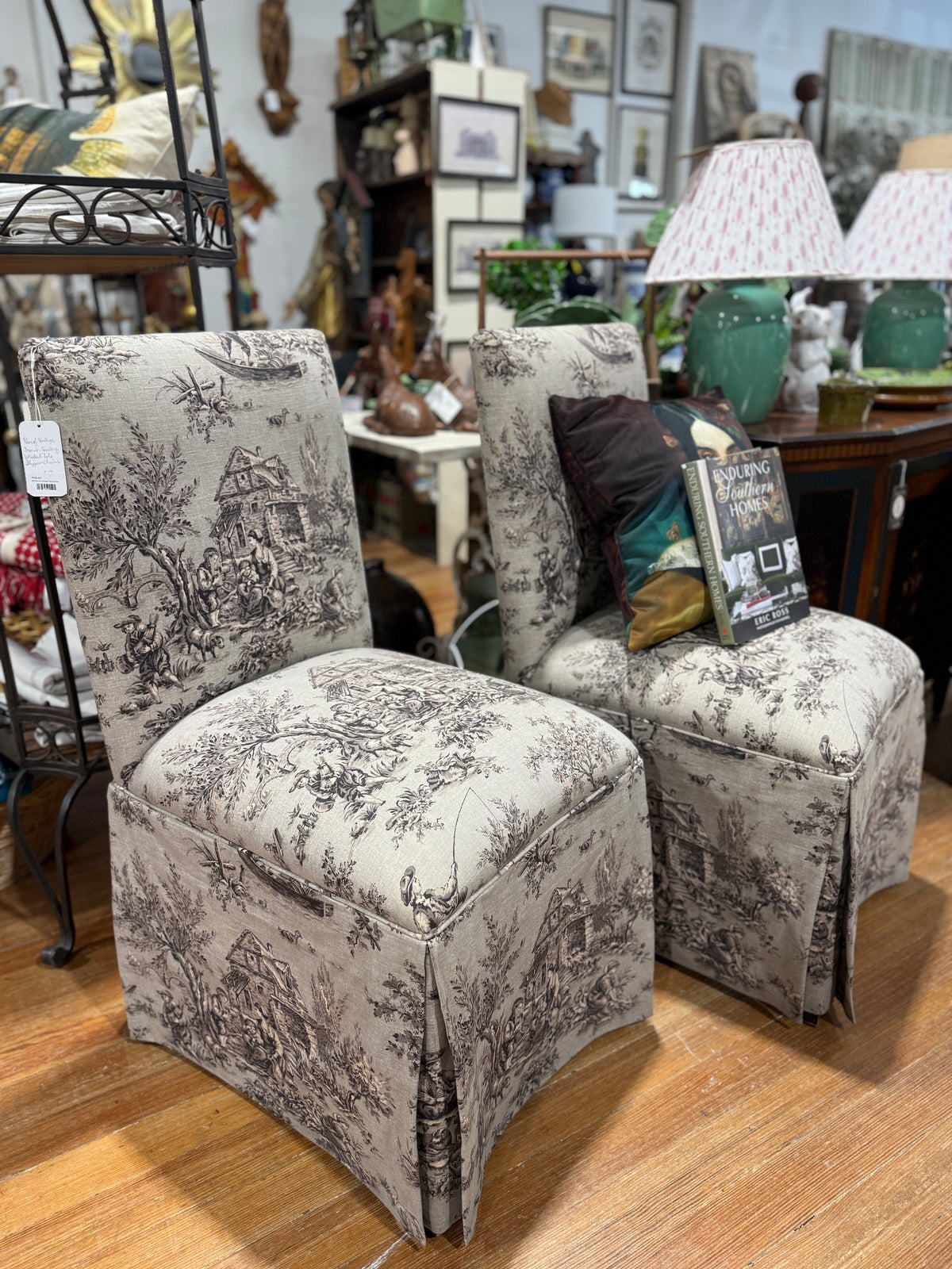 Pair of Vintage French Country Skirted Toile Slipper Chairs