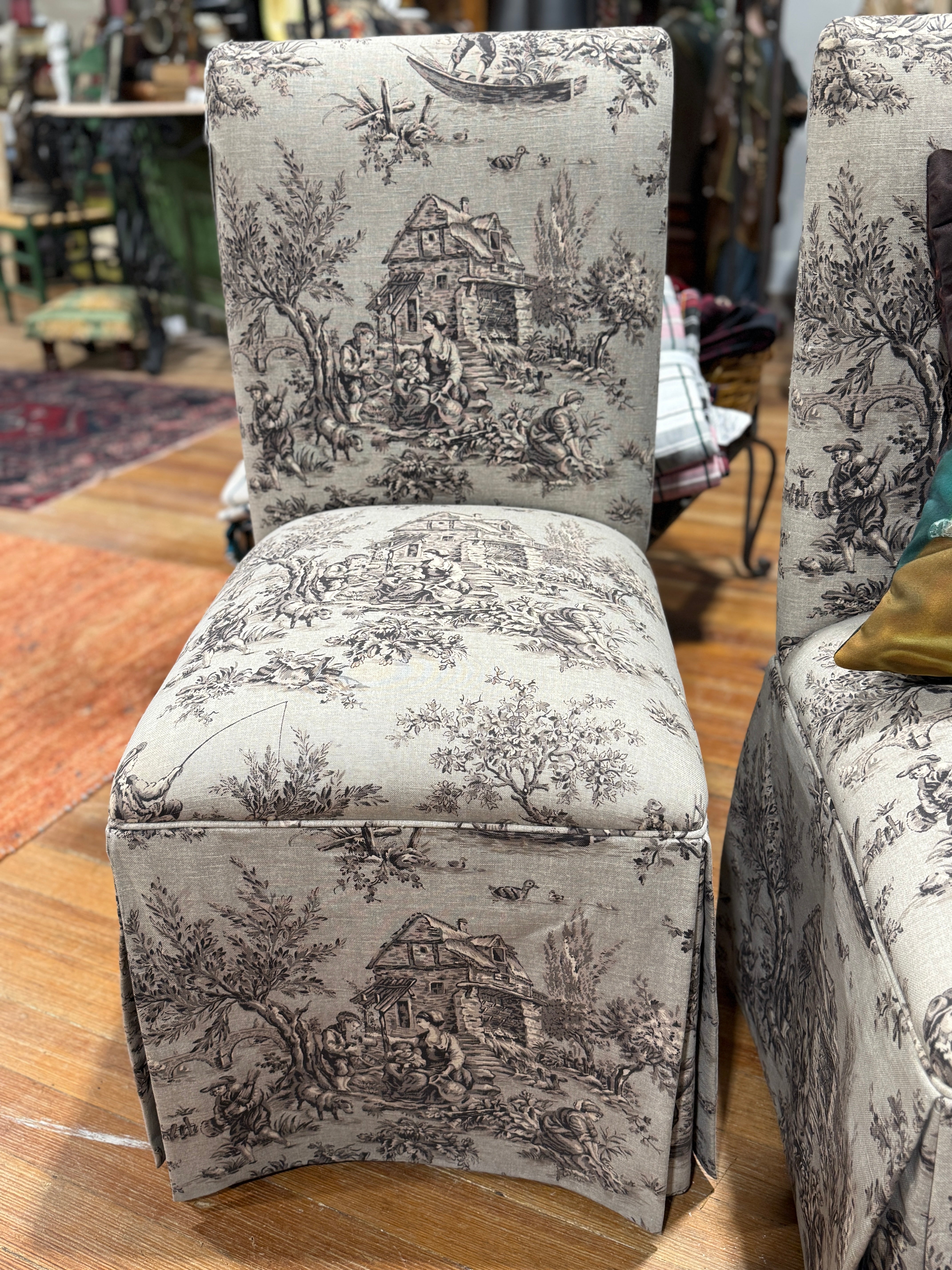Vintage French Country Skirted Toile Slipper Chair
