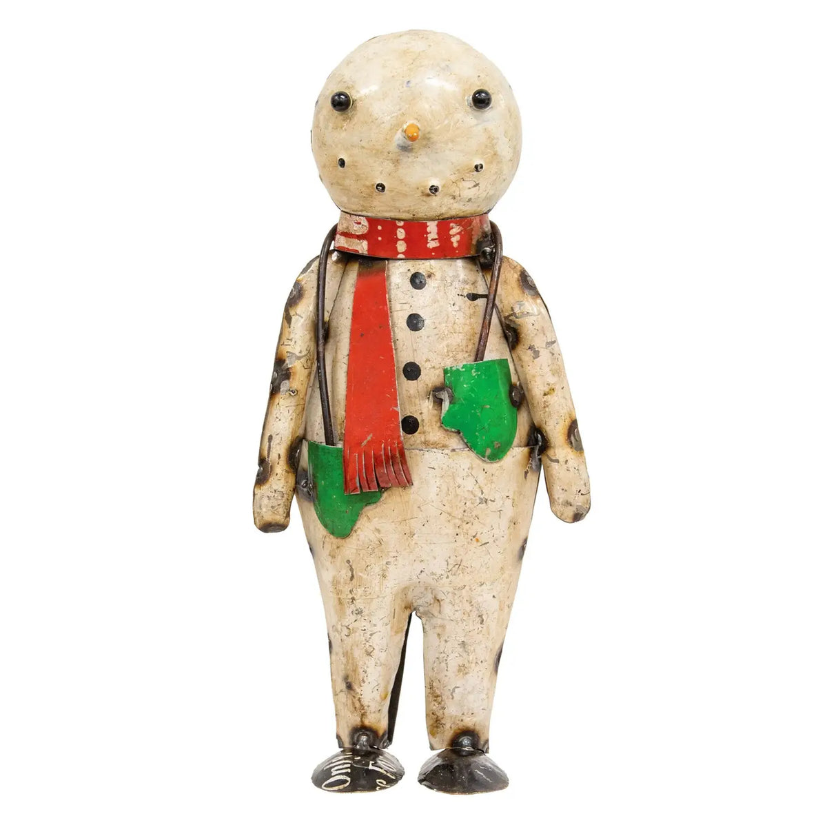 Recycled Metal Snowman w/ Green Mittens
