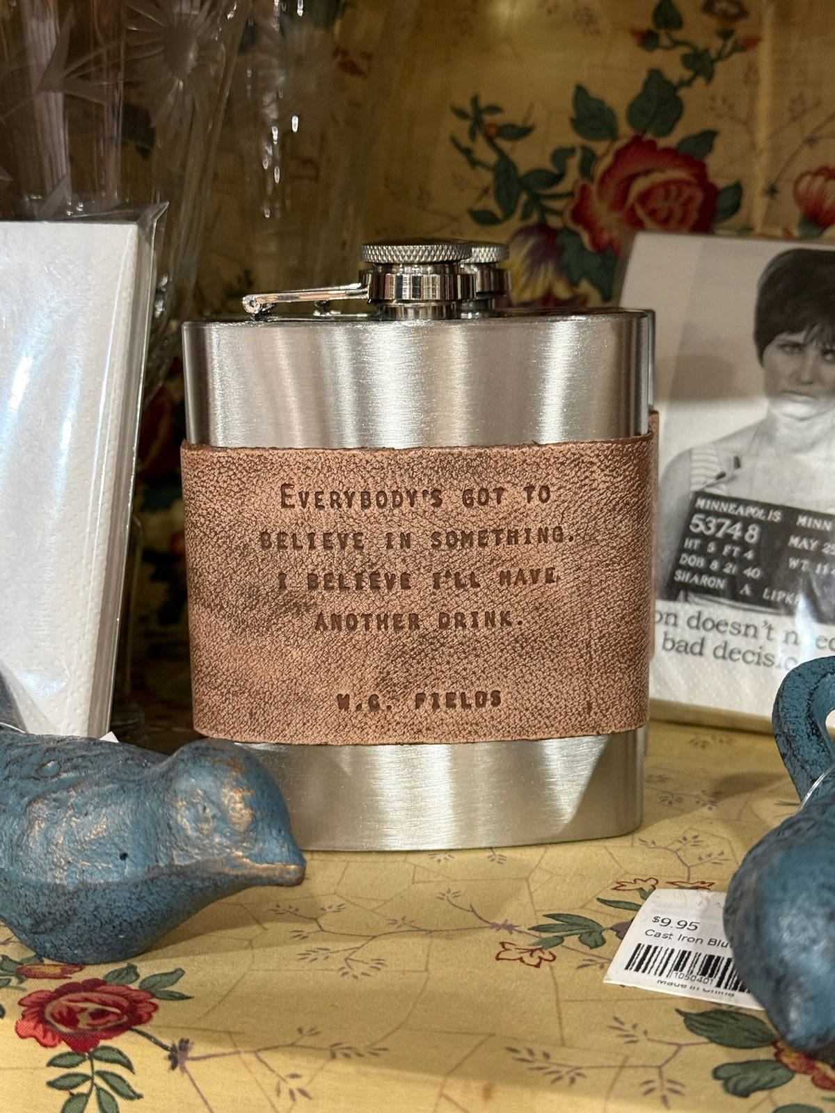 Stainless Steel and Brown Leather Flasks with Humorous Quotes 2