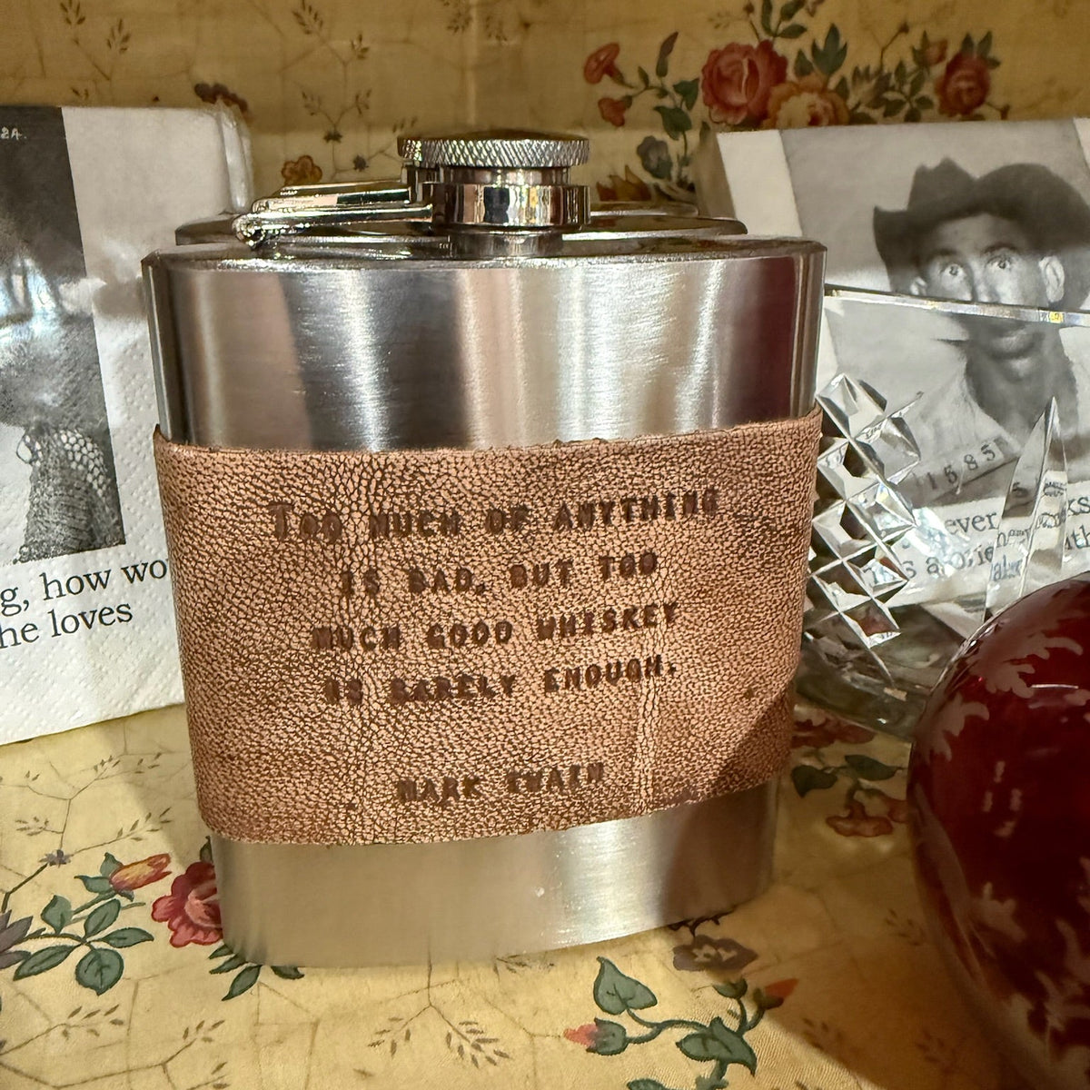 Stainless Steel and Brown Leather Flasks with Humorous Quotes 3