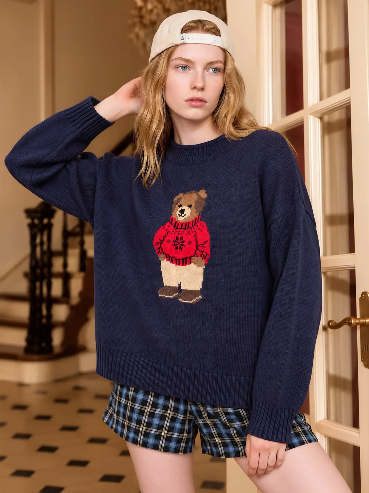 Teddy Bear Crew Neck Intarsia Knit Sweater