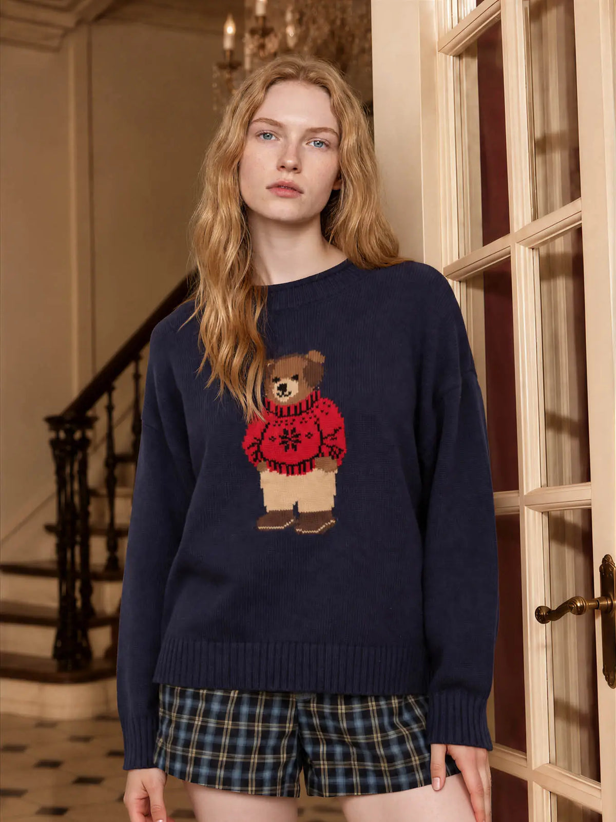 Teddy Bear Crew Neck Intarsia Knit Sweater 3