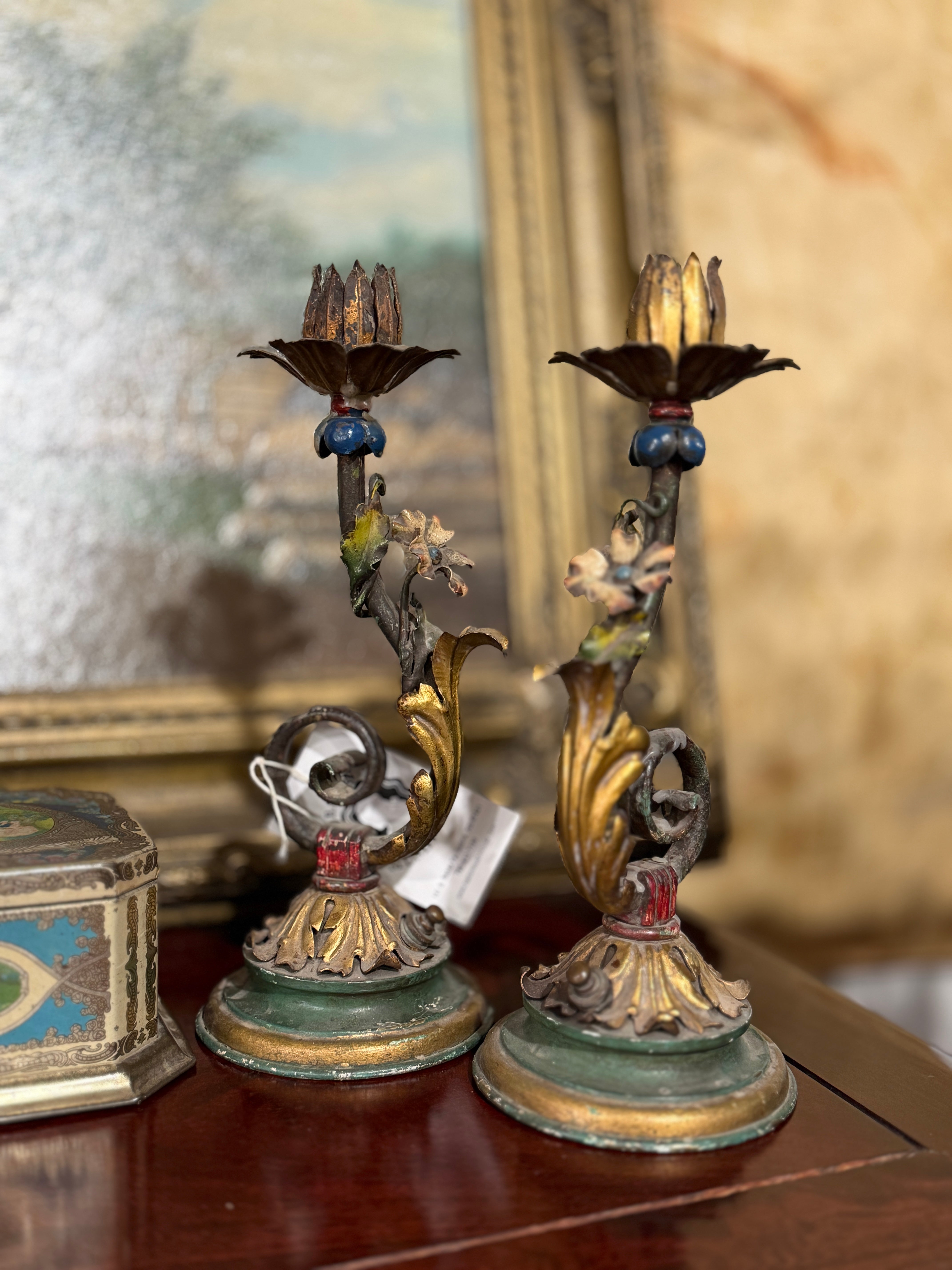Pair of Vintage Tole Flower Candlesticks