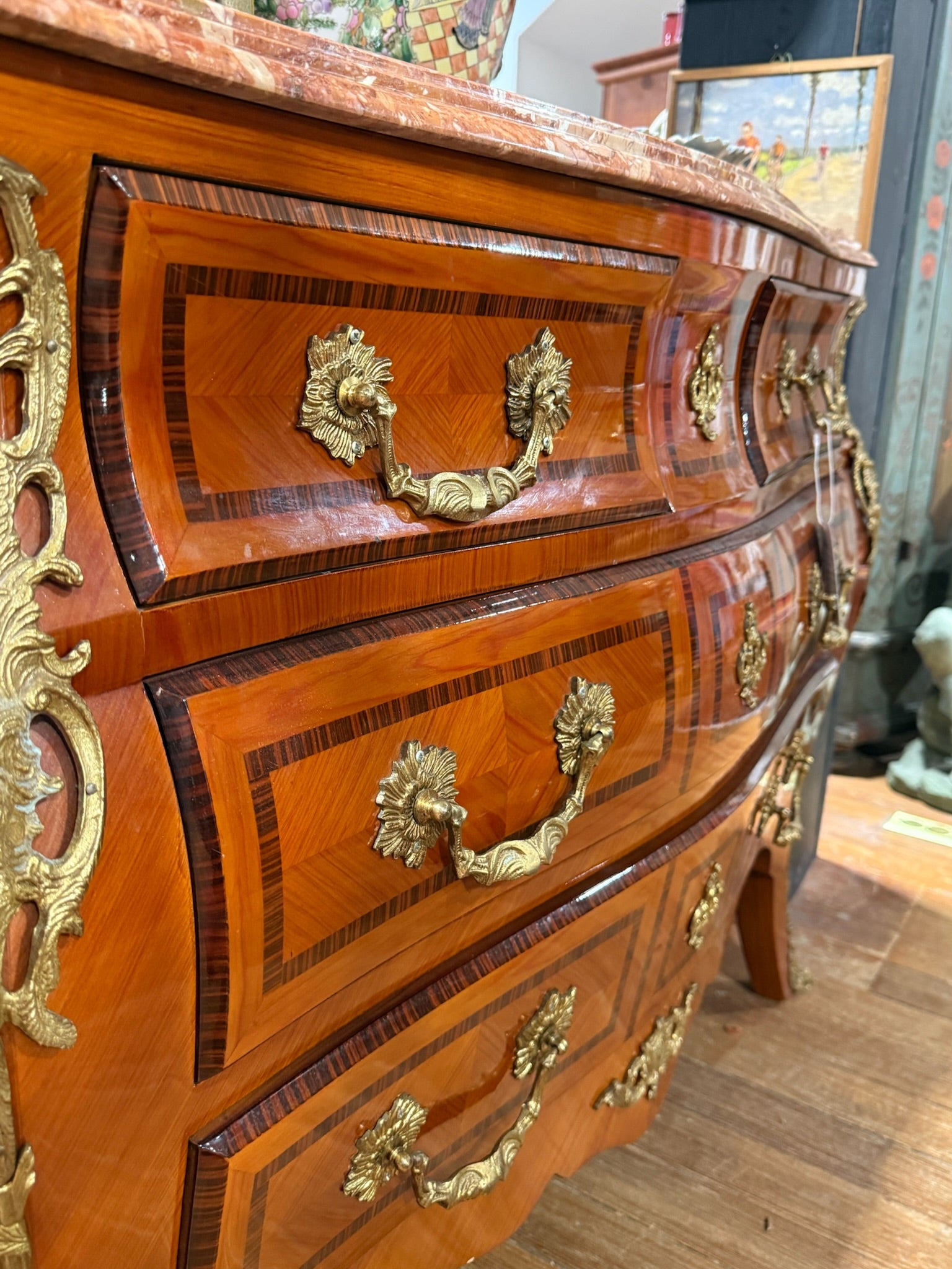 Vintage Italian Louis XV-Inspired Bombe Chest with Rosewood Veneer and Pink Marble Top 6