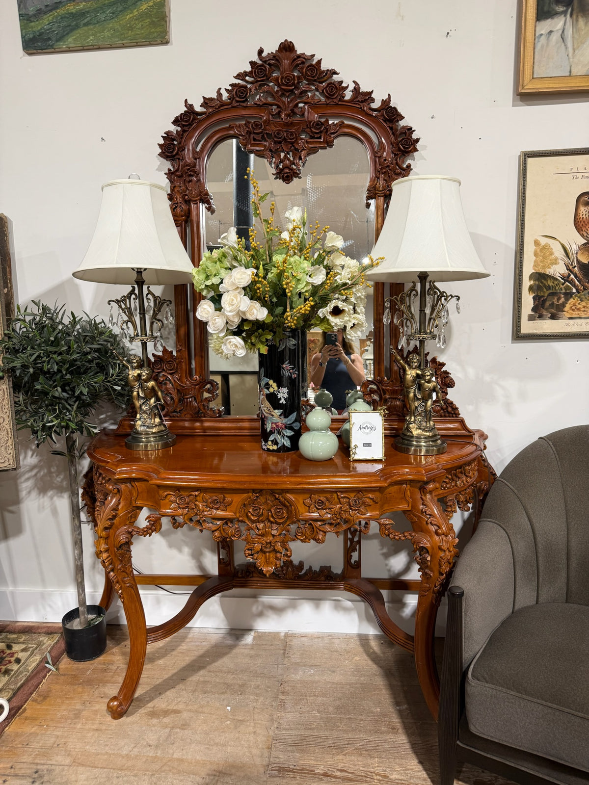Vintage Rococo-Style Handcarved Solid Wood Console Table and Mirror
