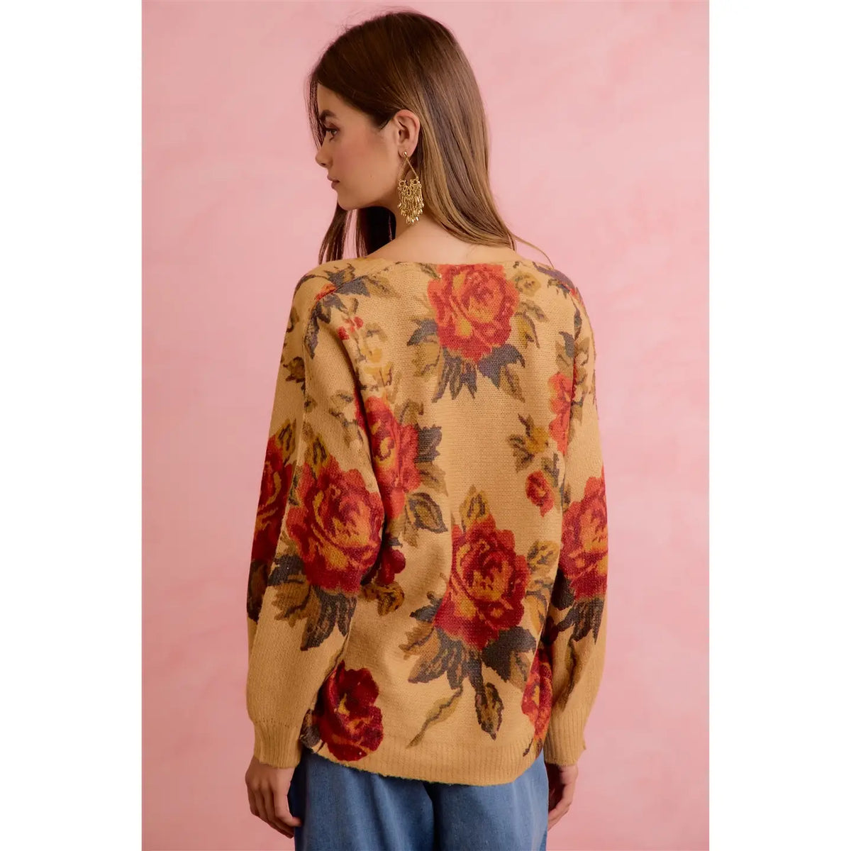 Women's Vintage Rose Floral V-Neck Relaxed Knit Sweater 4