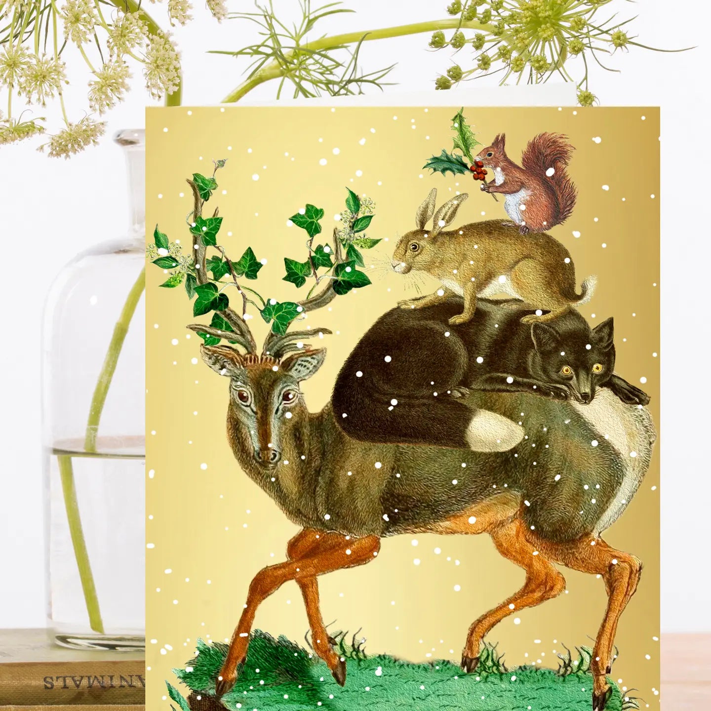 Vintage Animal Friends Gold Foil Christmas Card