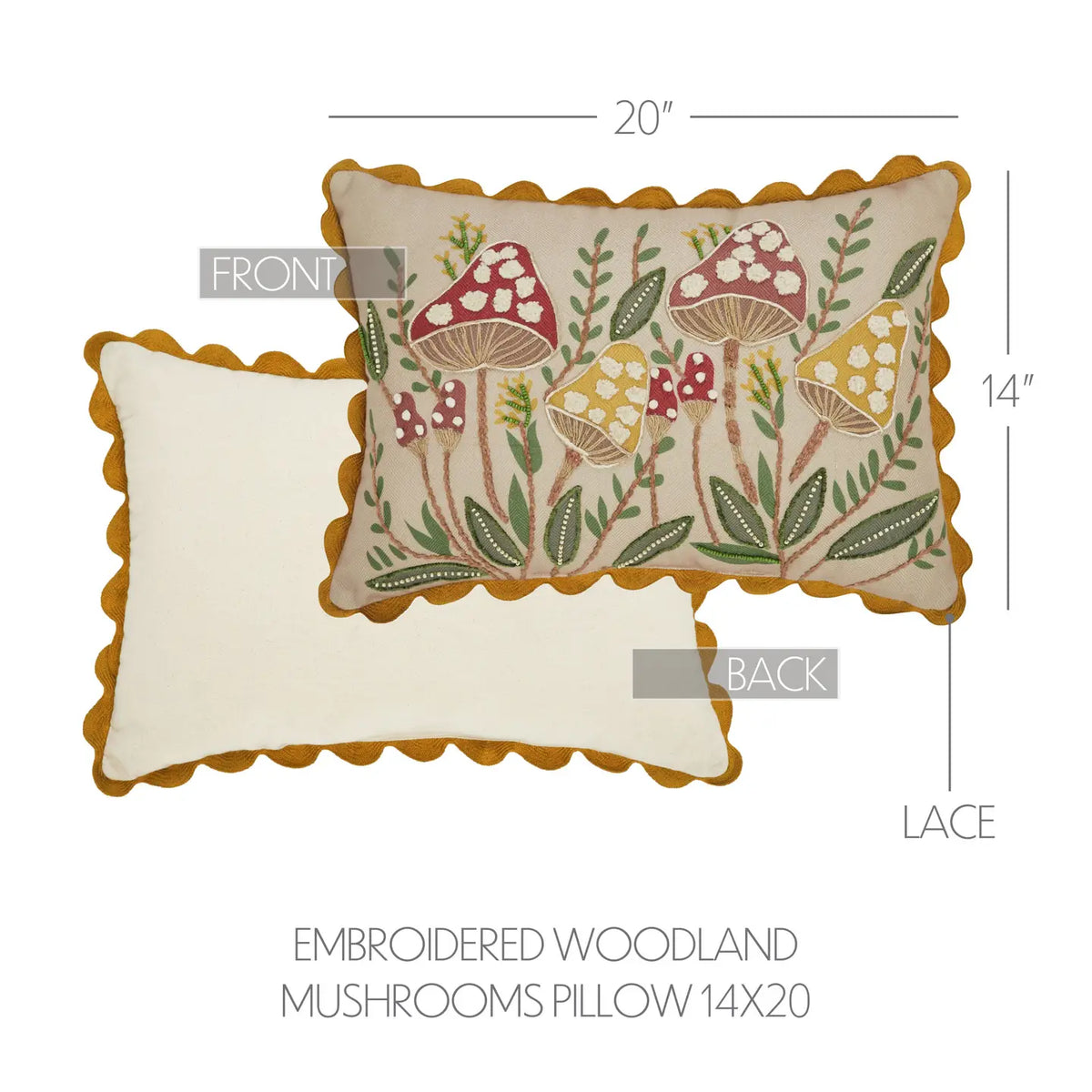 Embroidered Woodland Mushroom Lumbar Throw Pillow 14x20
