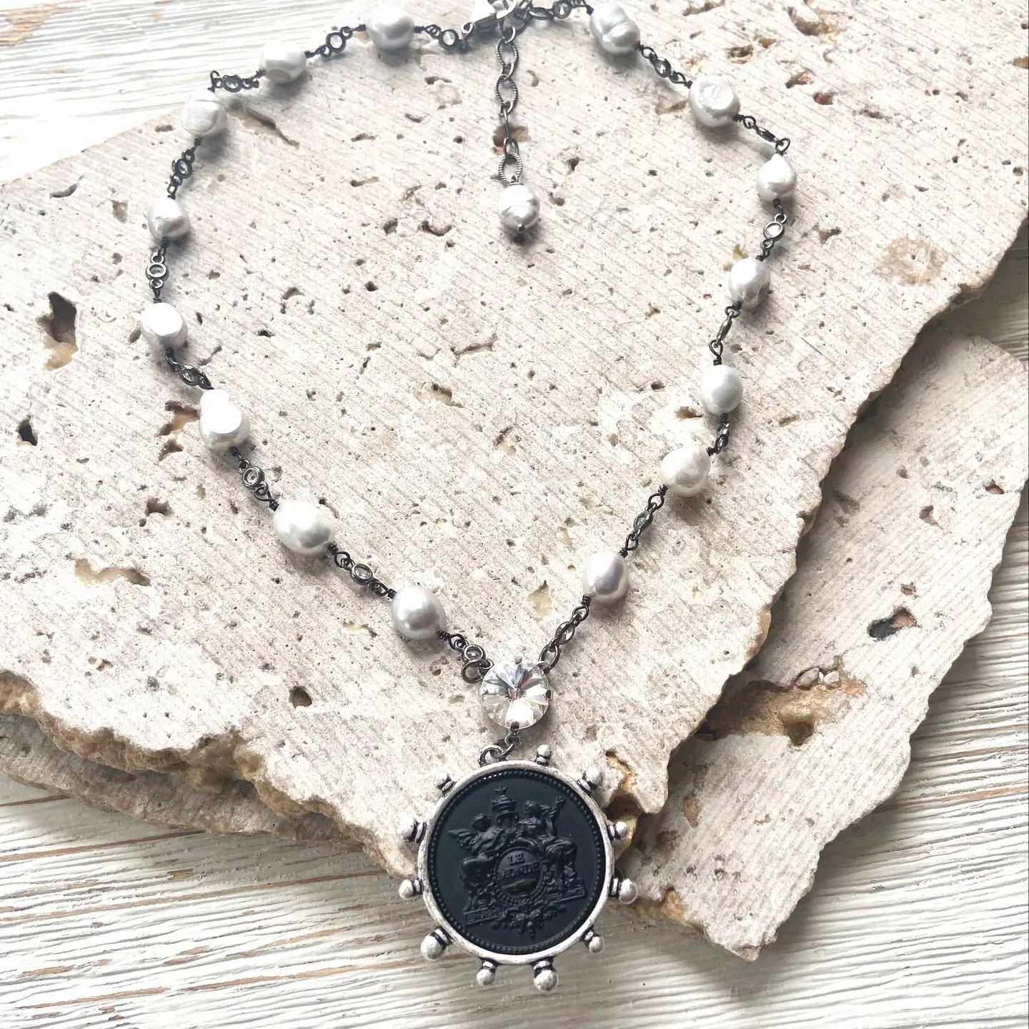 French Coin Pearl Necklace Boutique Coastal Jewelry