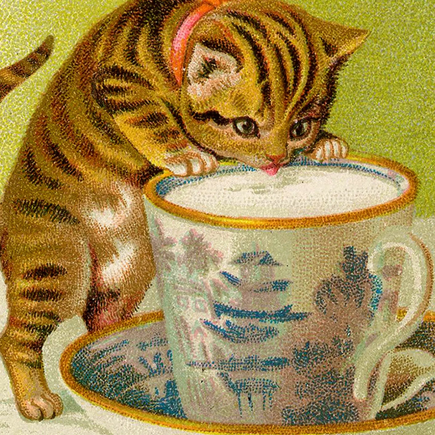Whimsical Cat Drinking From Teacup Greeting Card