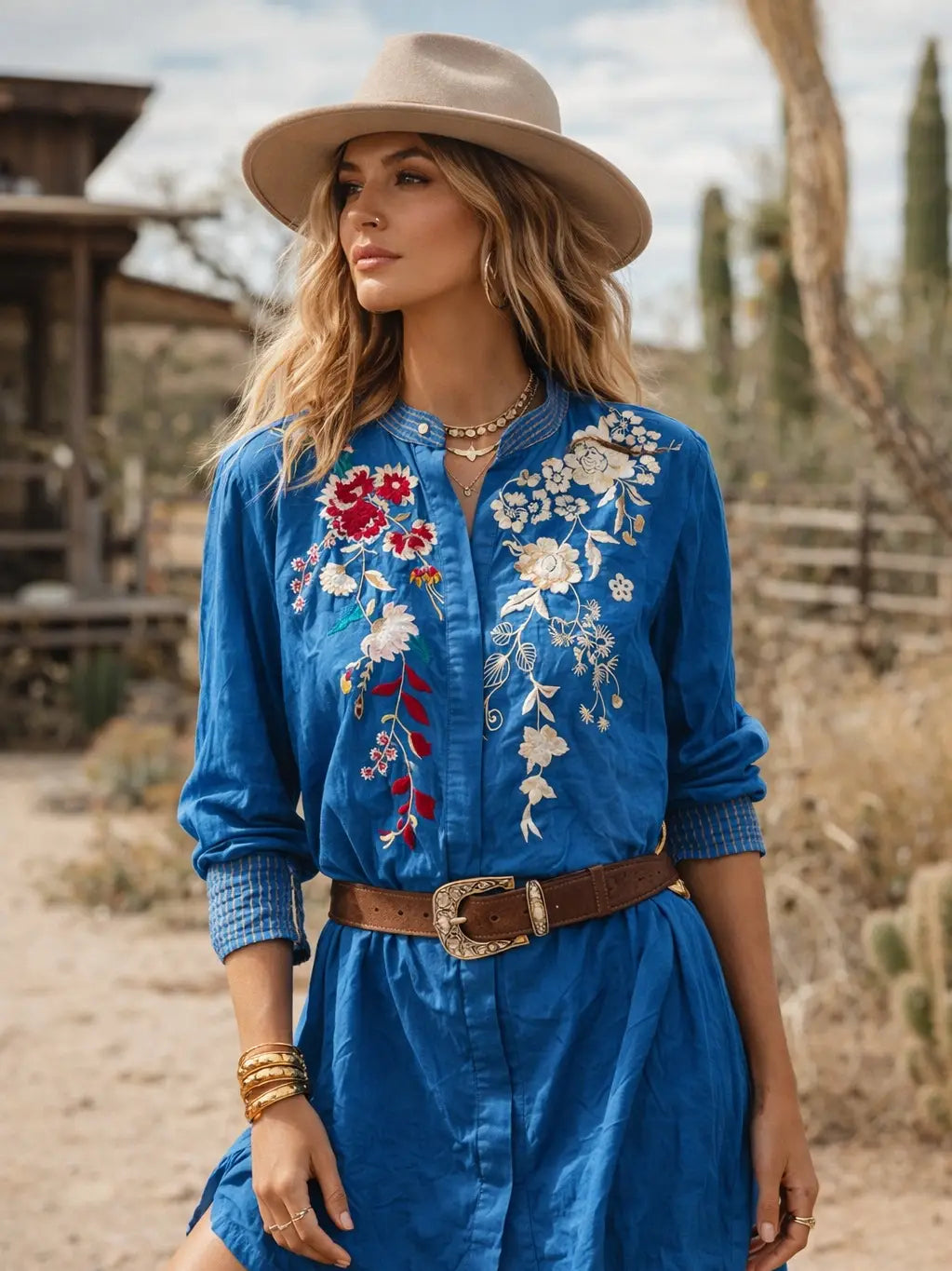 Embroidered Button-Up Tunic Blouse