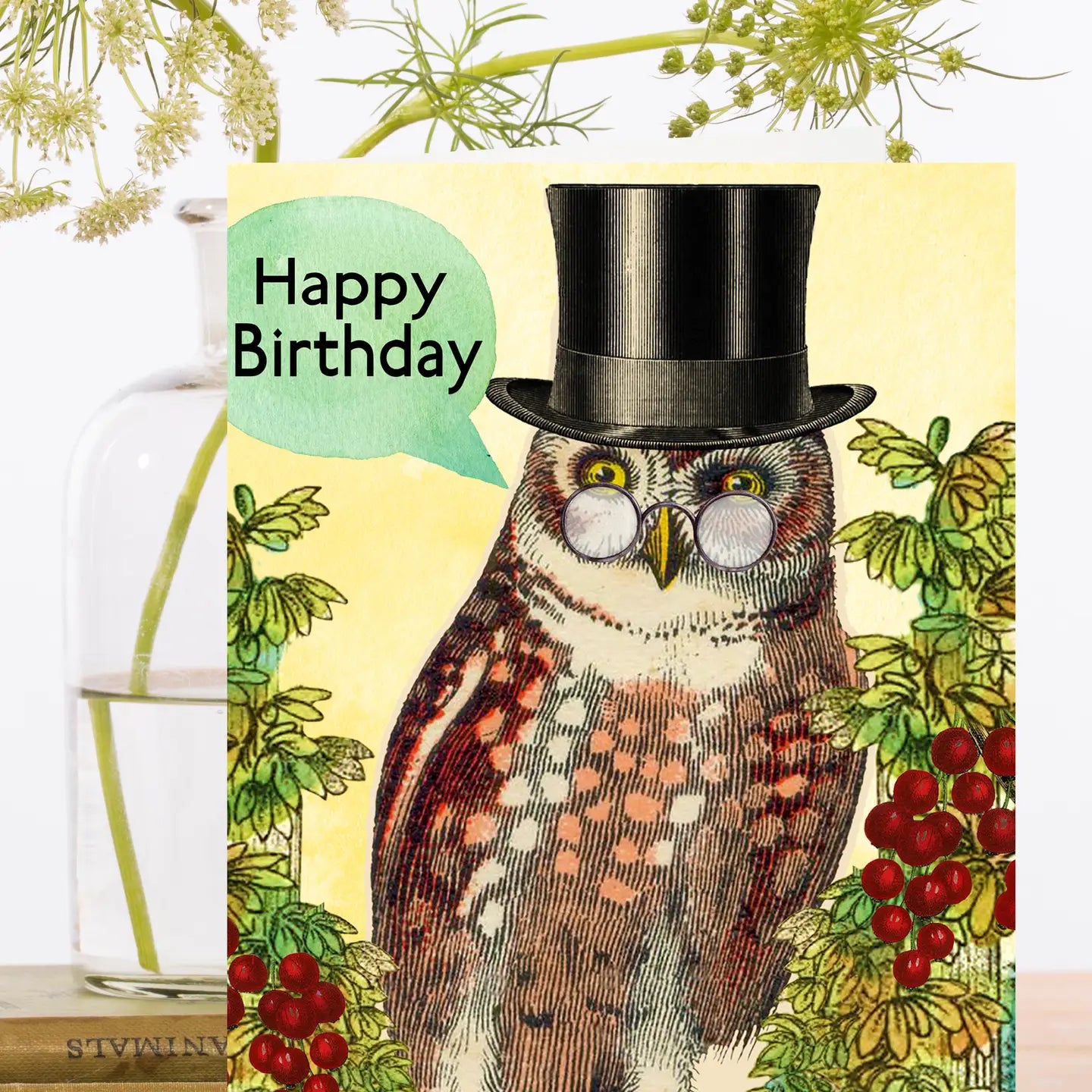 Elegant Owl in Top Hat Birthday Card