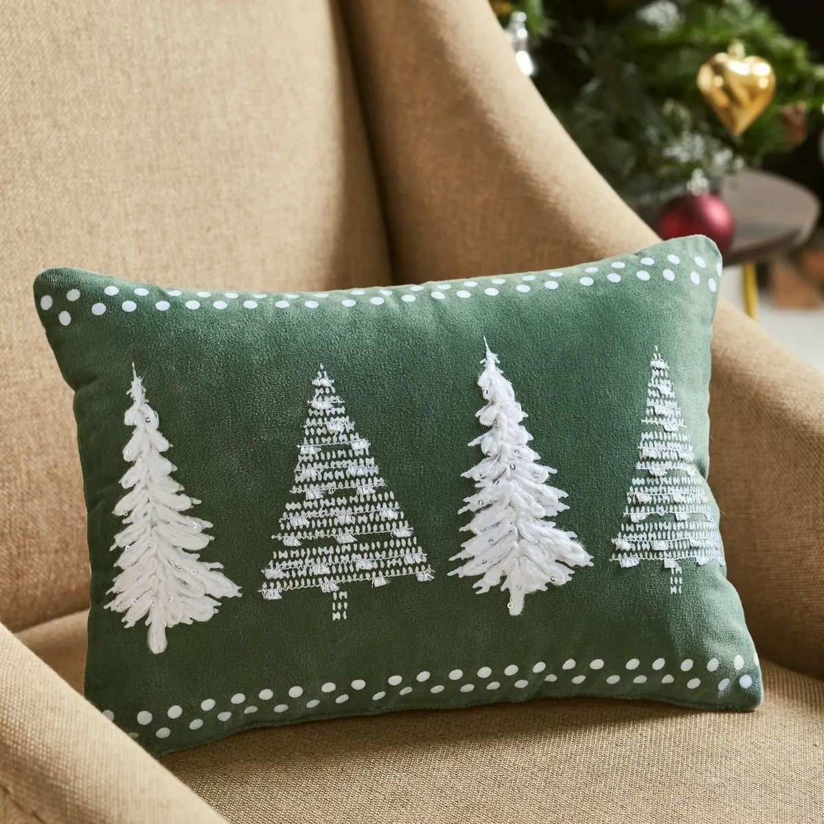 4 Christmas Trees Green Velvet Throw Pillow 14x10