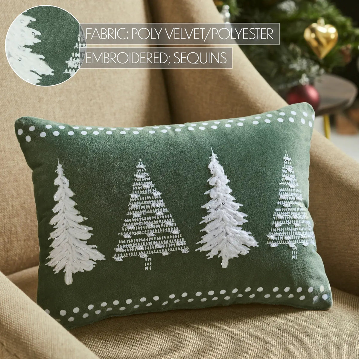 4 Christmas Trees Green Velvet Throw Pillow 14x10