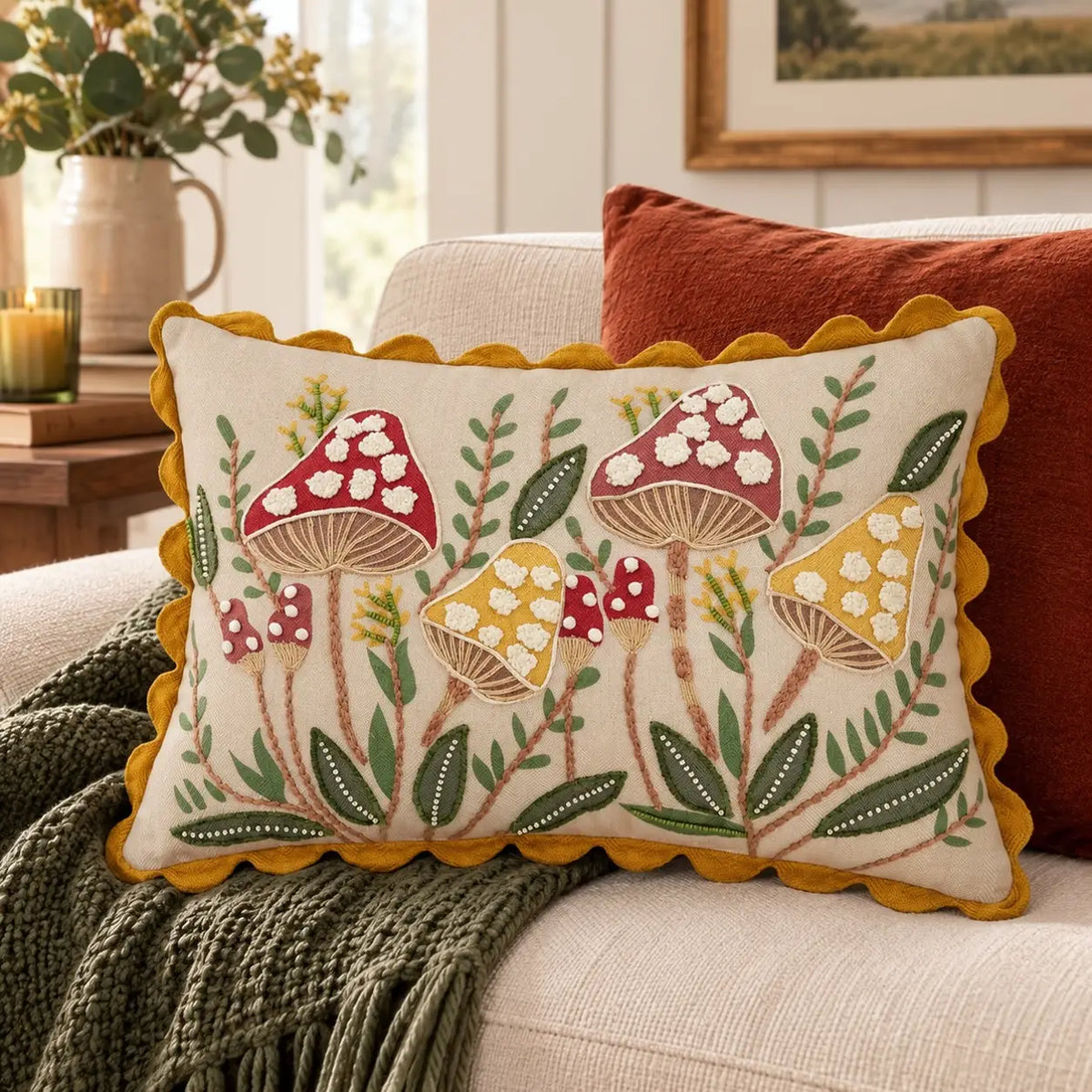 Embroidered Woodland Mushroom Lumbar Throw Pillow 14x20