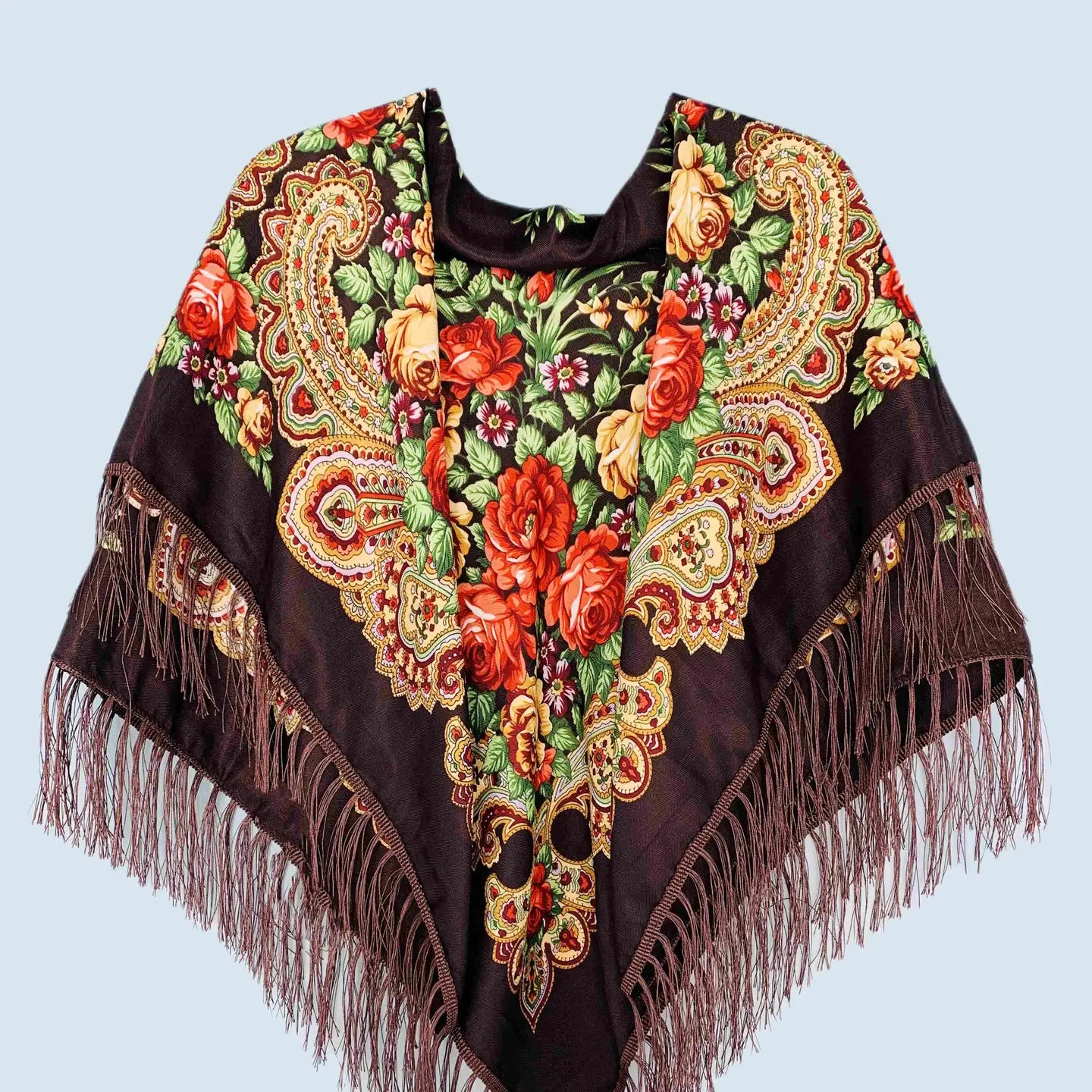 Rose Floral Fringe-Detailed Square Scarf / Shawl