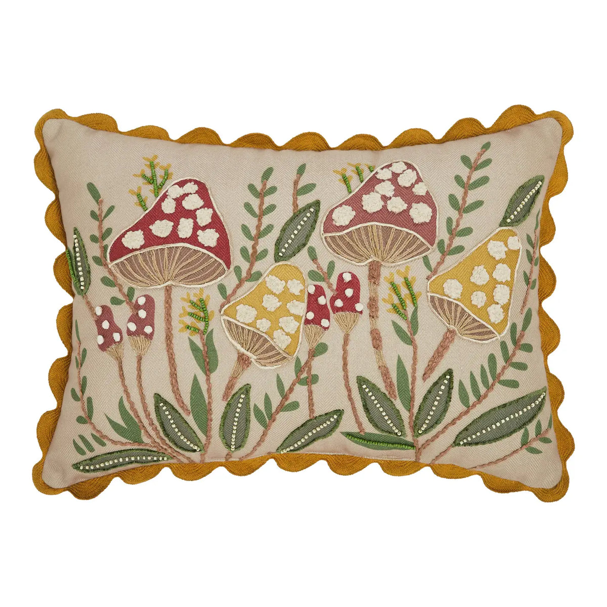 Embroidered Woodland Mushroom Lumbar Throw Pillow 14x20