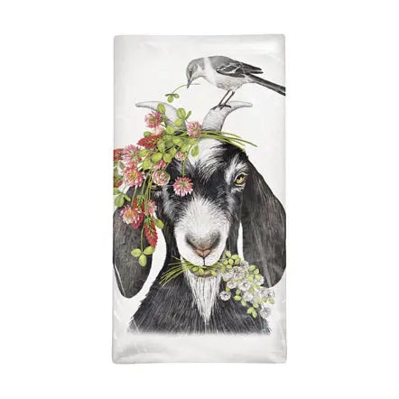 Flour Sack Kitchen Towel with Goat, Bird and Clover