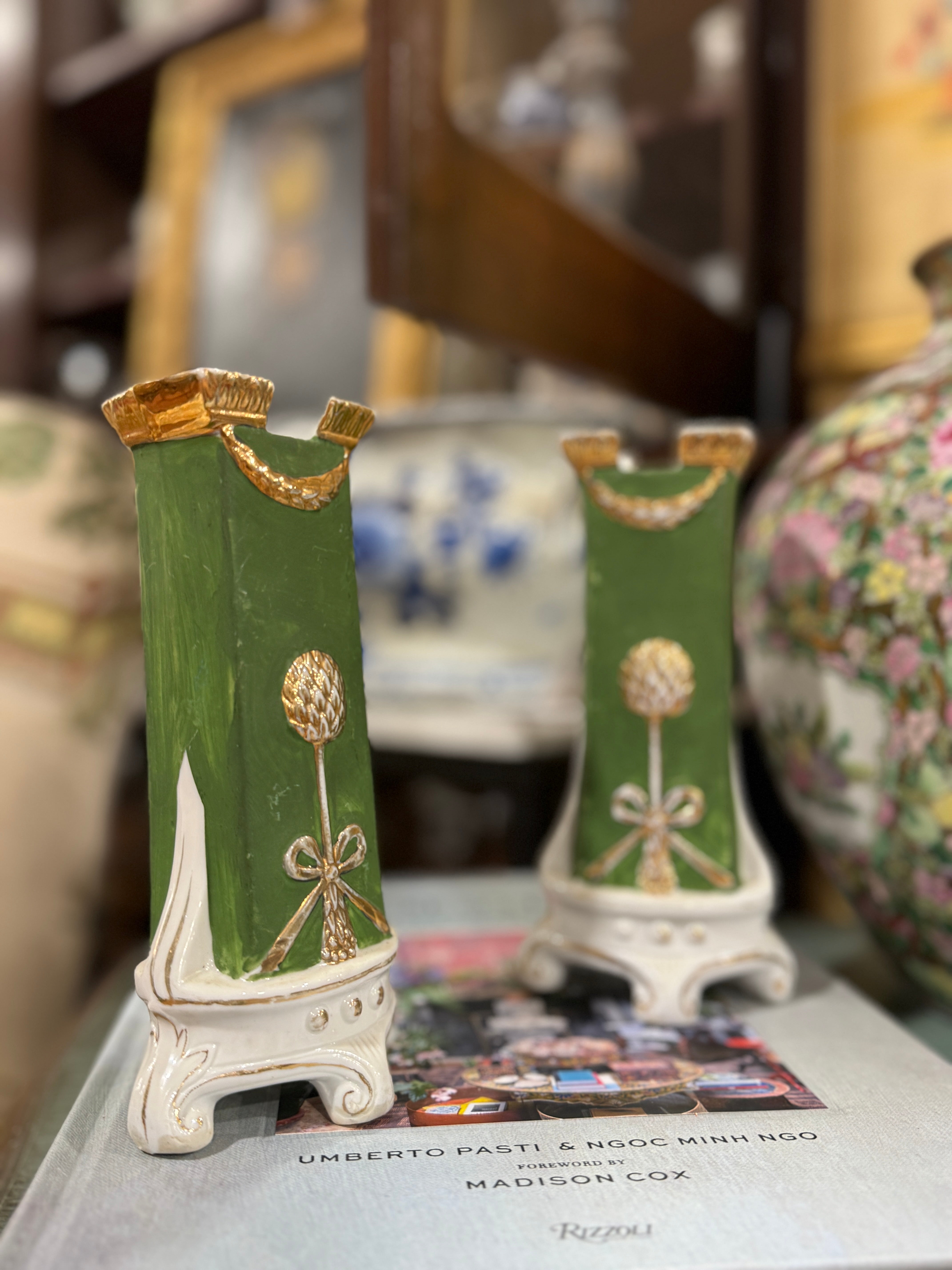 Pair of Antique German Hand Painted Vases Gold